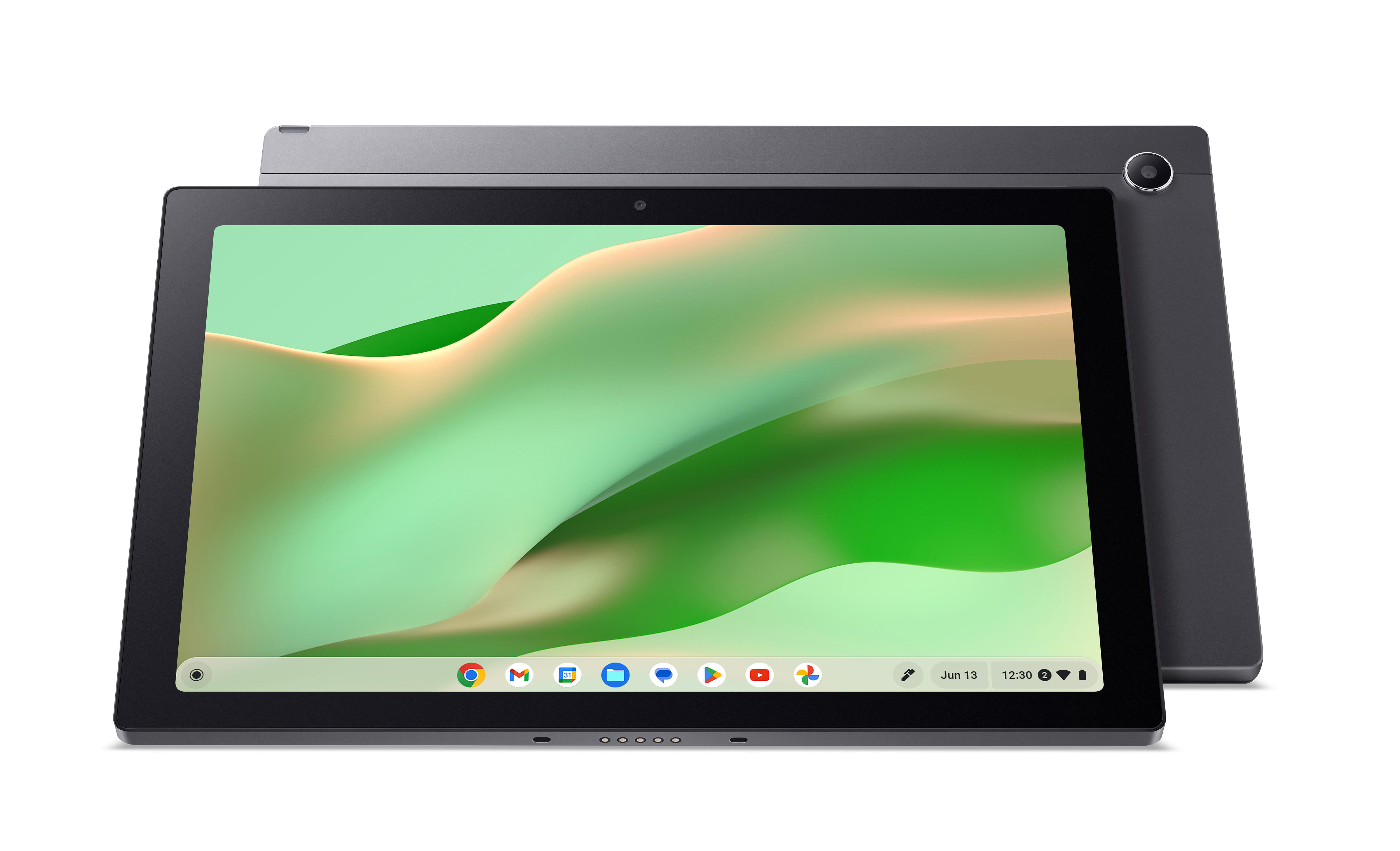 Zwei graue Tablets. Das vordere Tablet zeigt ein abstraktes Design in Grün und Weiß. Unten befinden sich App-Symbole und die Zeit.