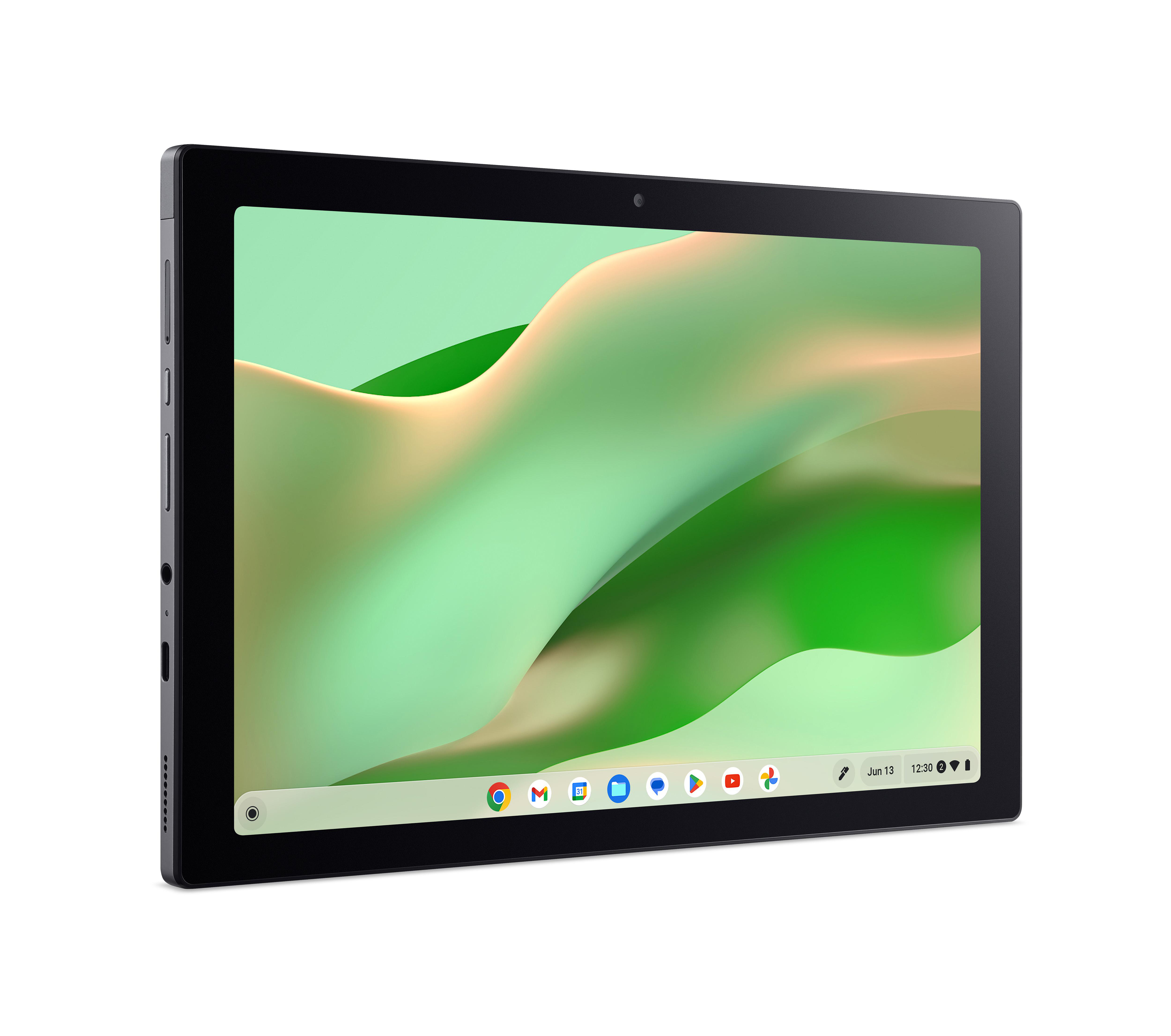 Ein schwarzes Tablet zeigt ein abstraktes grünes und beiges Bild. Das Tablet hat einen schwarzen Rahmen, eine Kamera und einen weißen Hintergrund.