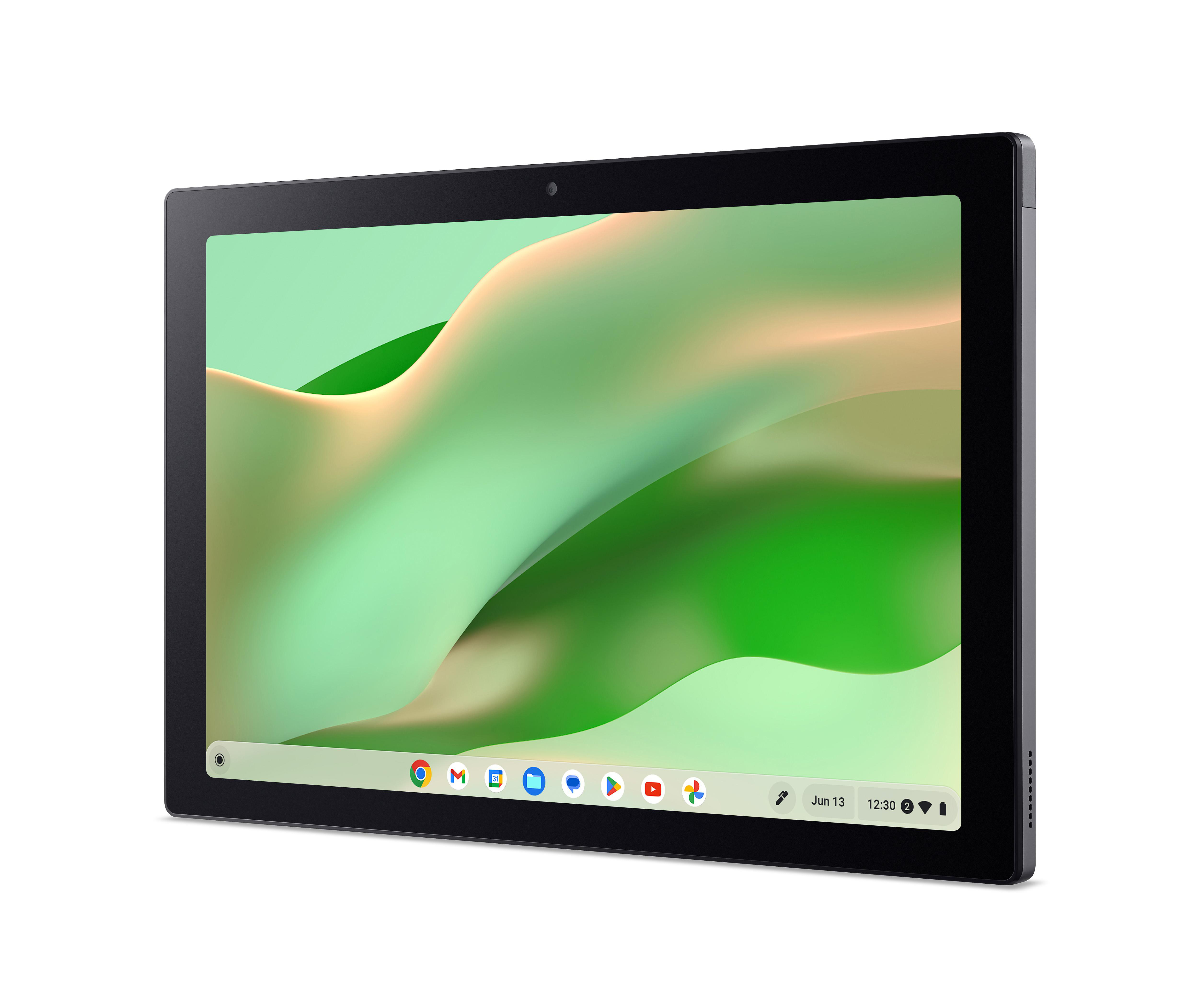 Ein schwarzes Tablet zeigt ein abstraktes grünes und weißes Design. Es hat eine Kamera und eine Reihe von Symbolen.