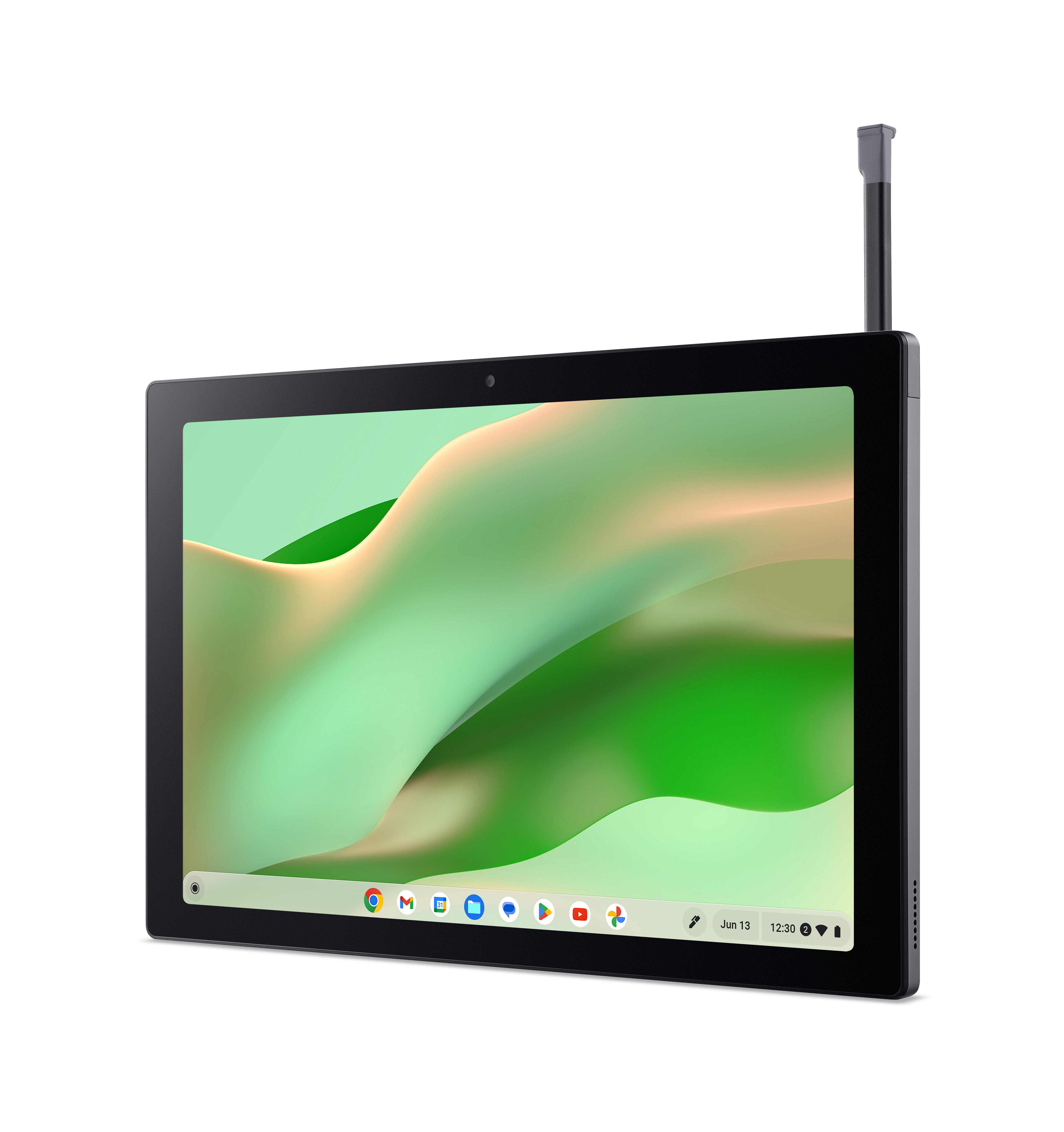 Ein schwarzes Tablet mit grün-weißem Abstrakt-Hintergrund, einem Stift und einer Kamera oben.