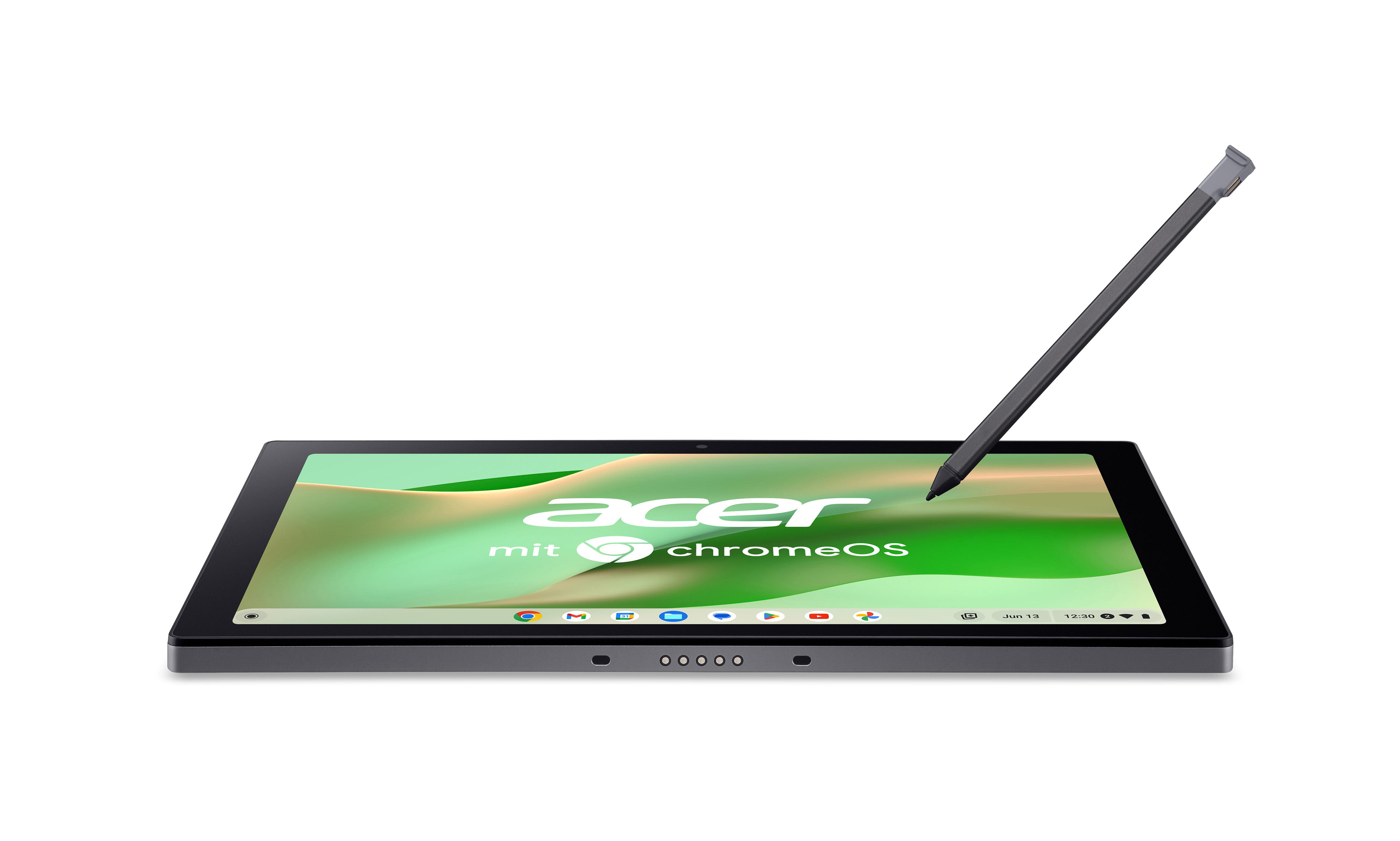 Acer Chromebook Tablet mit Stift. Der Bildschirm zeigt 'Acer mit chromeOS'. Tablet grau, Stift schwarz, auf weißem Hintergrund.