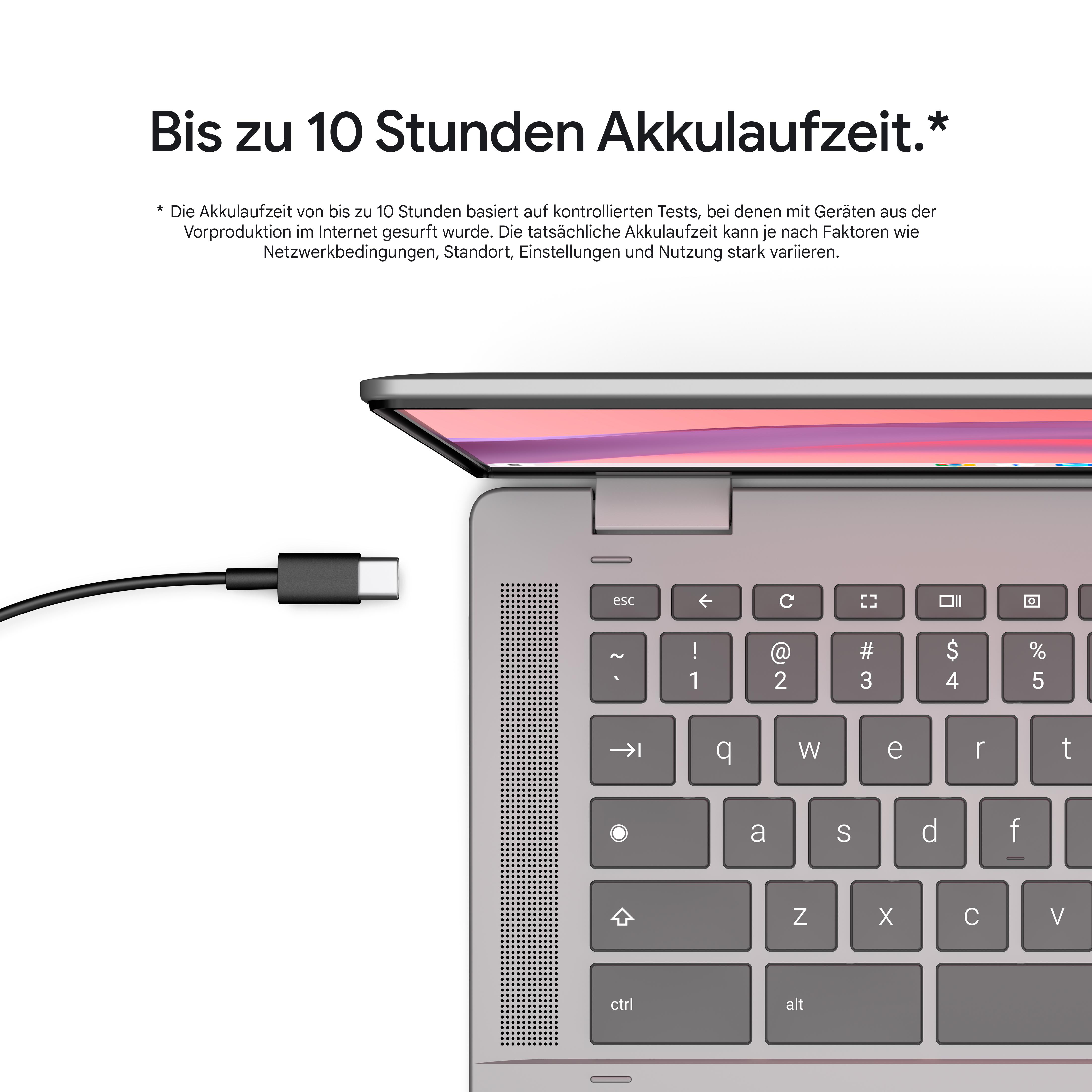 Laptop mit offenem Bildschirm, Tastatur sichtbar. Ein Ladegerät ist eingesteckt. Text lautet 'Bis zu 10 Stunden Akkulaufzeit'.