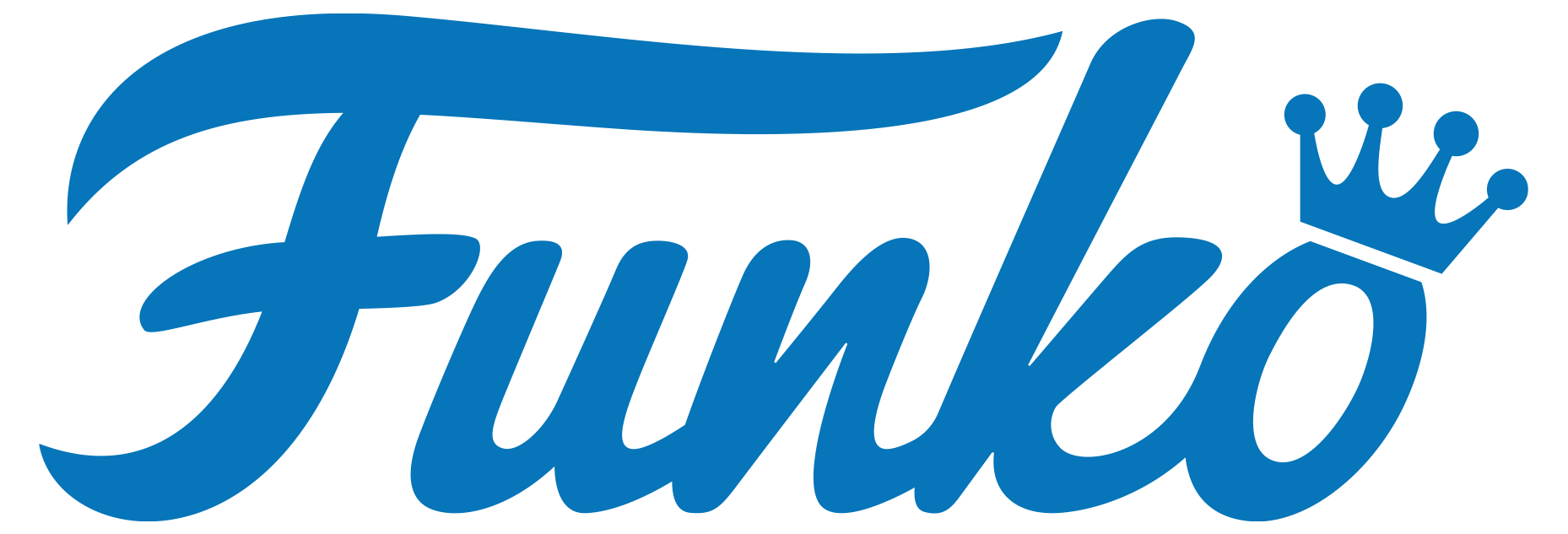Logo Funko to niebieska czcionka kursywą na czarnym tle, z koroną nad literą 'o'.