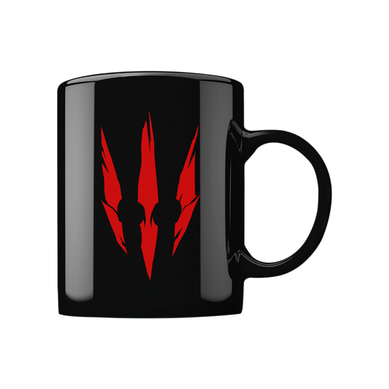 Czarny kubek z czerwonym symbolem Wiedźmina na czarnym tle. Kubek jest błyszczący.