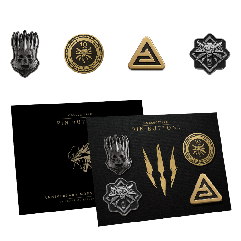 Kolekcja przypinek i guzików Wiedźmin 3, z różnymi logotypami, czaszką, głową wilka i trójkątem na czarnym tle.