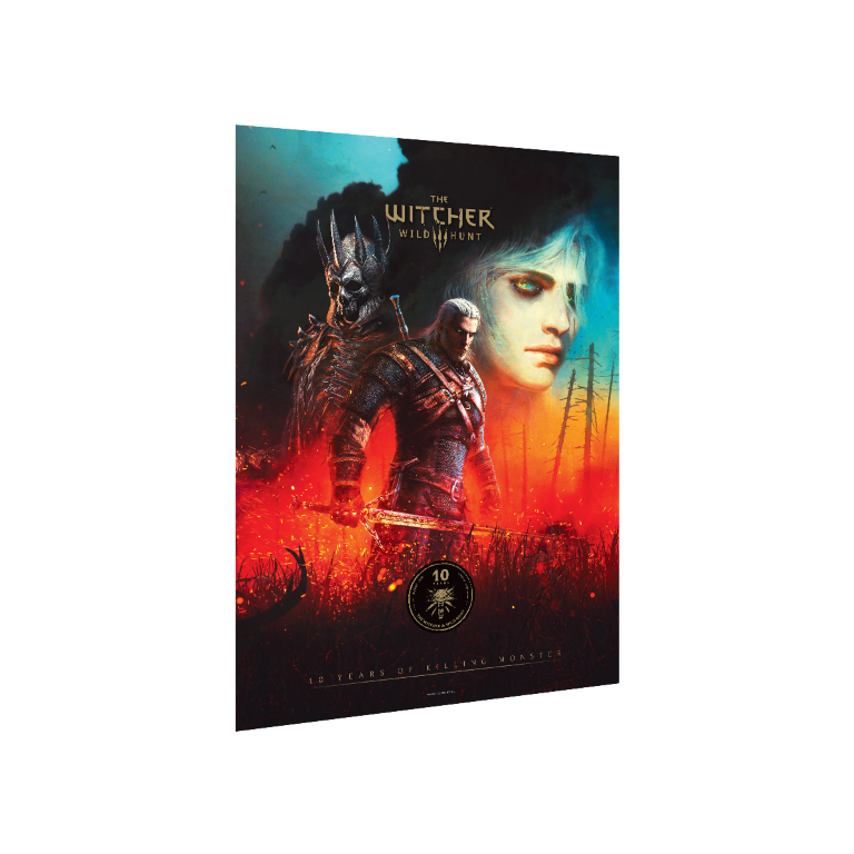 Okładka gry The Witcher Wild Hunt. Geralt z mieczem, potworem i twarzą kobiety. Czerwone i pomarańczowe tło ognia, mroczny motyw.