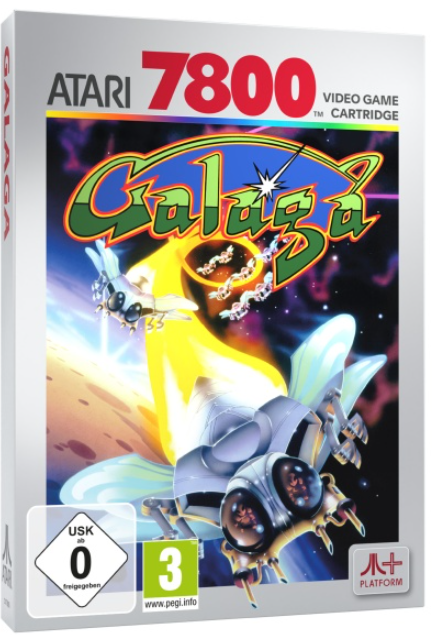 Atari 7800 Galaga Videospiel-Cartridge-Box-Art. Raumschiffe kämpfen im Weltraum. Grüner und gelber Galaga-Titel.