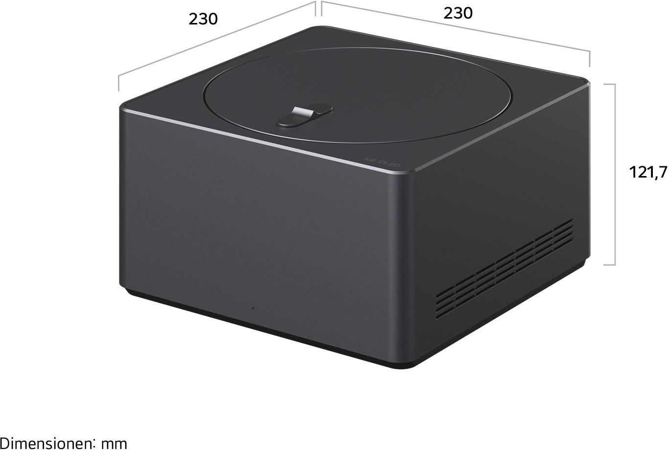 Ein dunkelgraues, würfelförmiges LG OLED-Gerät. Es hat eine abgerundete Oberseite mit einem kleinen Griff. Abmessungen: 230 x 230 x 121,7 mm.