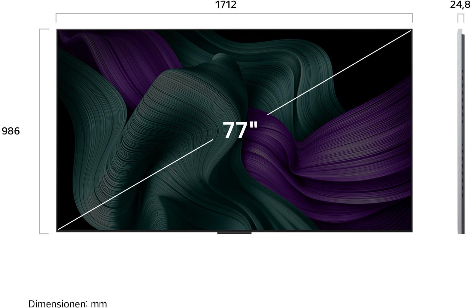 Ein 77-Zoll-Fernseher zeigt ein dunkles, abstraktes Design in Grün und Lila. Abmessungen: 1712mm x 986mm x 24,8mm.
