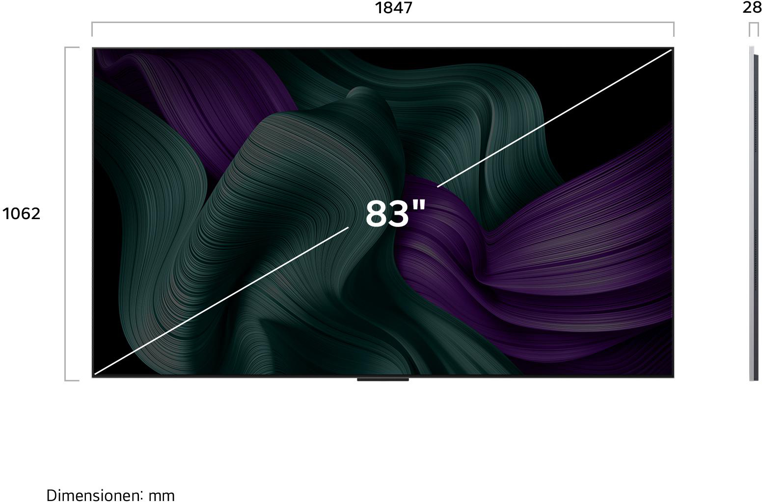 Ein 83-Zoll-Fernseher mit schwarzem Rahmen, der ein abstraktes Muster aus grünen und violetten Wirbeln zeigt, Maße in mm werden angezeigt.