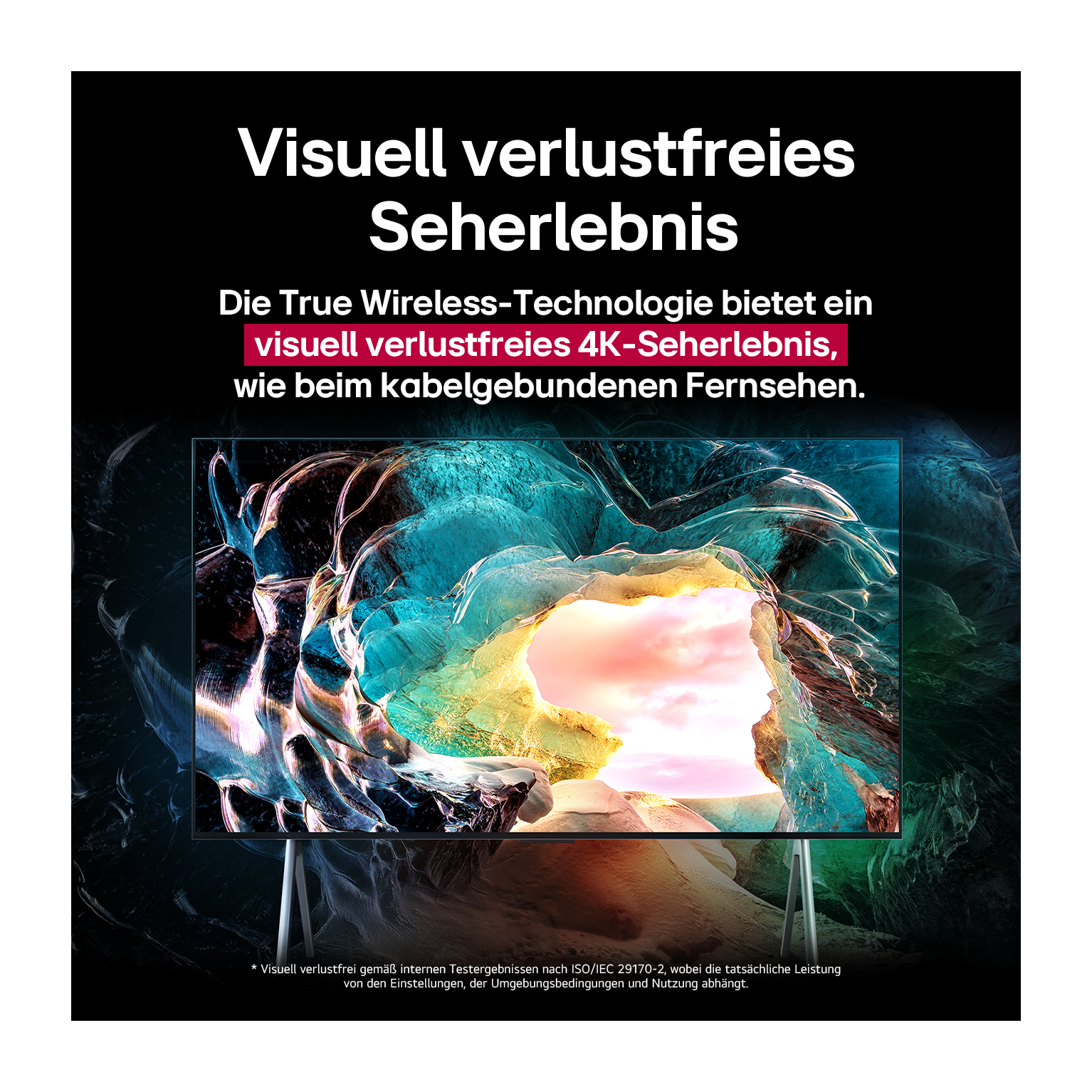 Ein Fernseher zeigt ein farbenfrohes Höhlenbild. Der Text oben lautet 'Visuell verlustfreies Seherlebnis' und beschreibt 4K.
