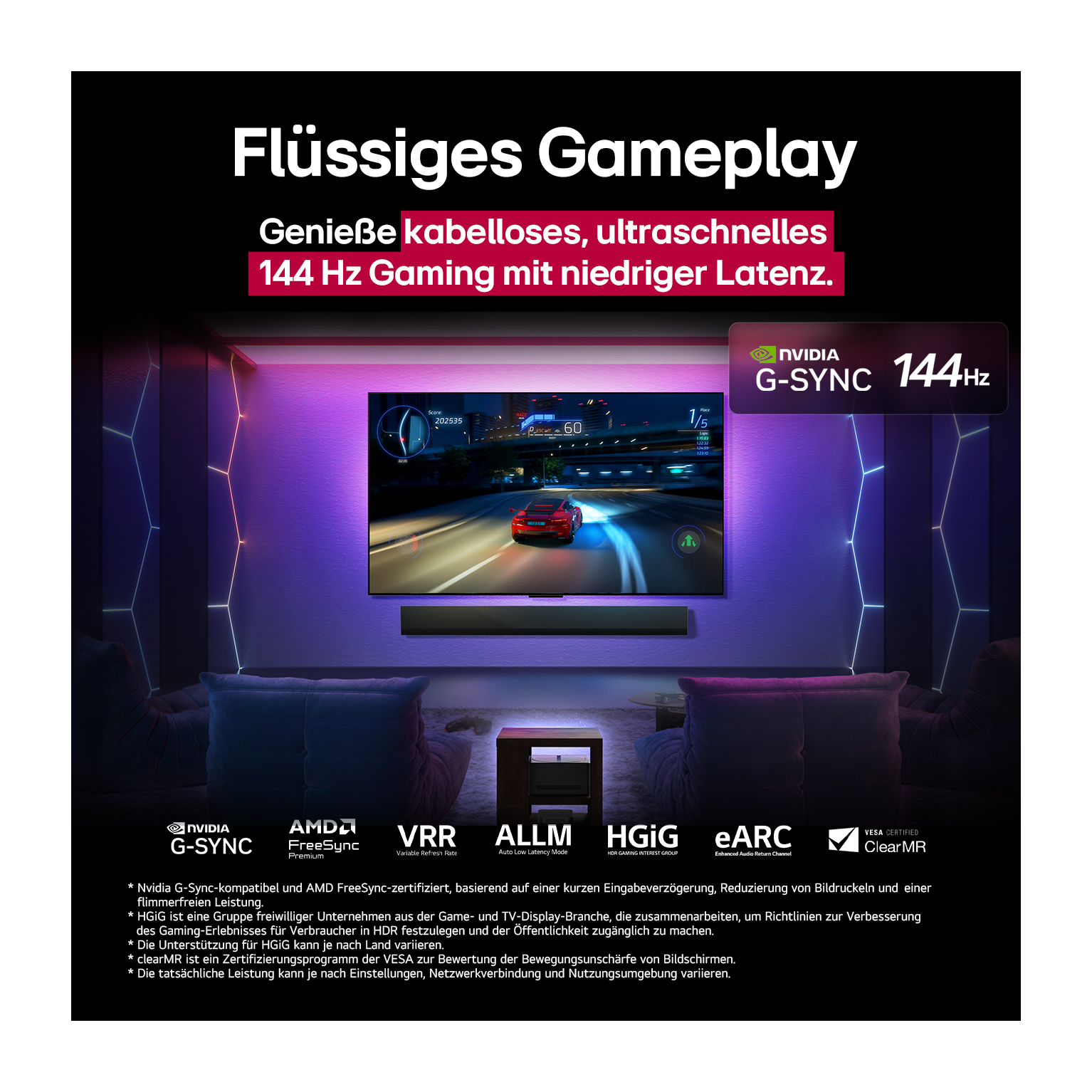 Das Bild zeigt einen Fernseher mit einem Rennspiel, Nvidia G-Sync und Text über 144 Hz Gaming.