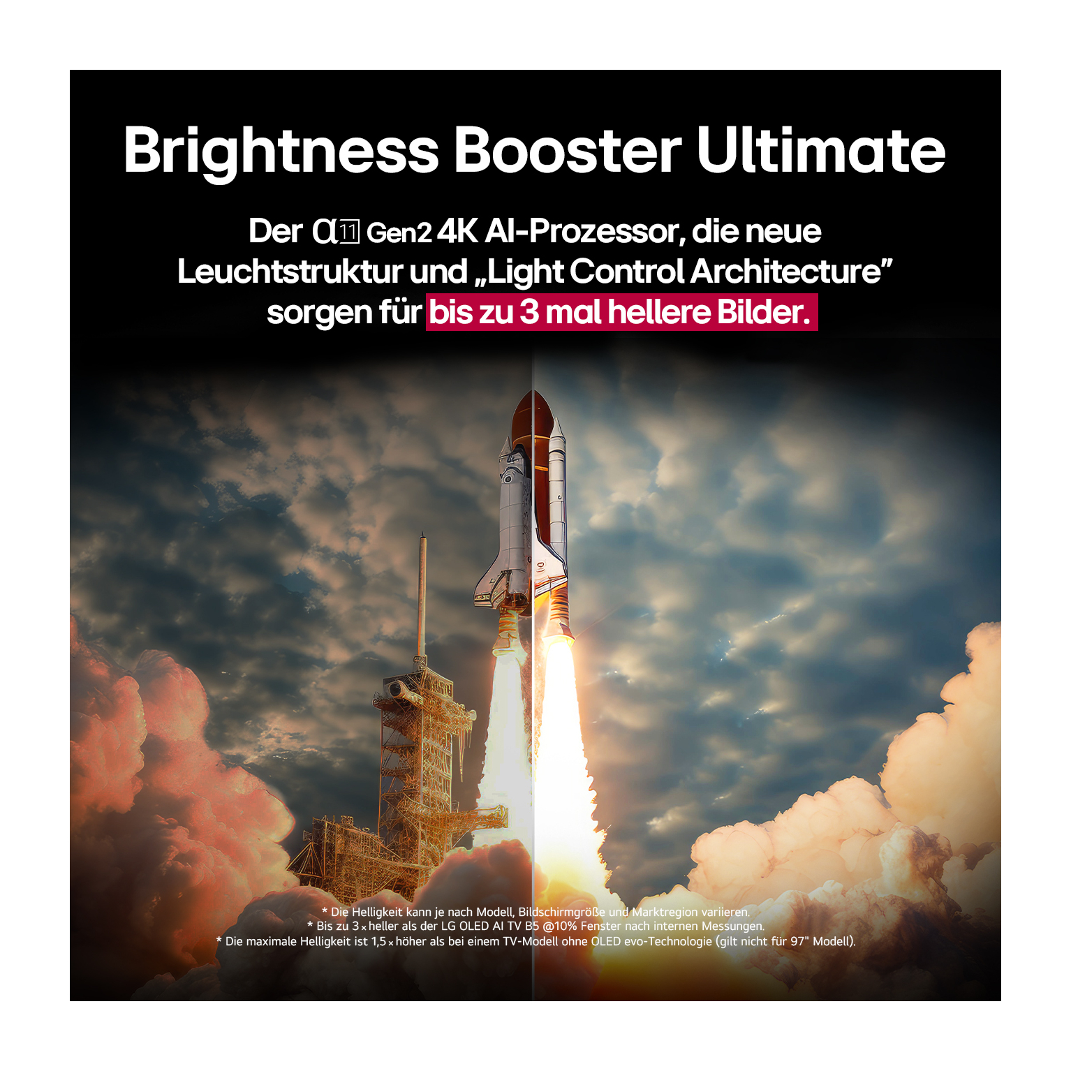 Weltraumfähre startet mit hellen Flammen und Rauch. Text oben wirbt für Brightness Booster Ultimate.