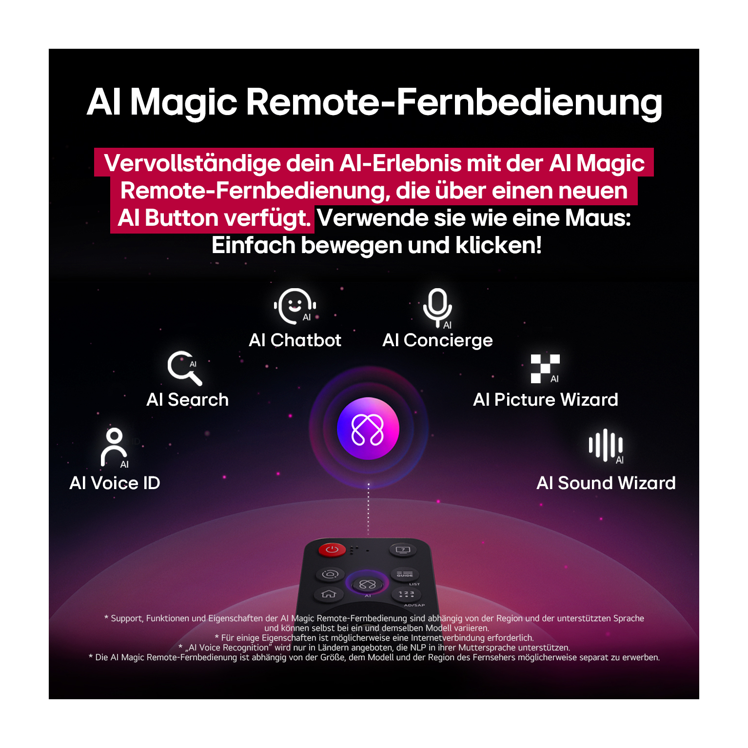 Bild: Eine Fernbedienung mit KI-Funktionen. Sie hat verschiedene KI-Funktionen wie Chatbot, Concierge, Suche, Voice-ID, Bild- und Sound-Assistent.