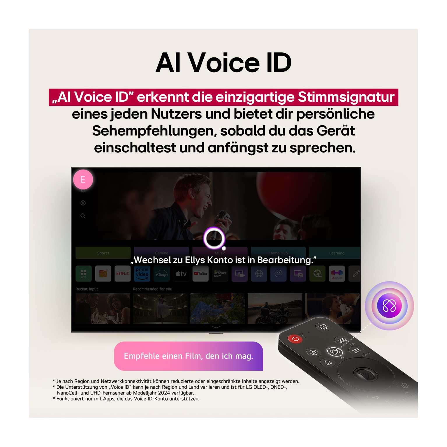 Das Bild zeigt einen Fernseher mit Fernbedienung. Text erklärt die AI Voice ID-Funktion. Ein Benutzer wird auf dem Bildschirm gezeigt.