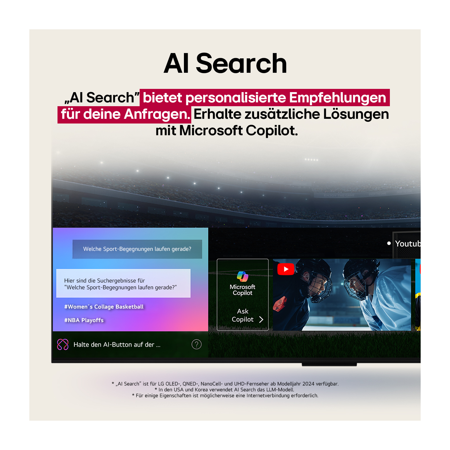 Das Bild zeigt eine AI Search-Oberfläche. Es zeigt Sportvorschläge, eine Microsoft Copilot-Option und einen Stadionhintergrund.