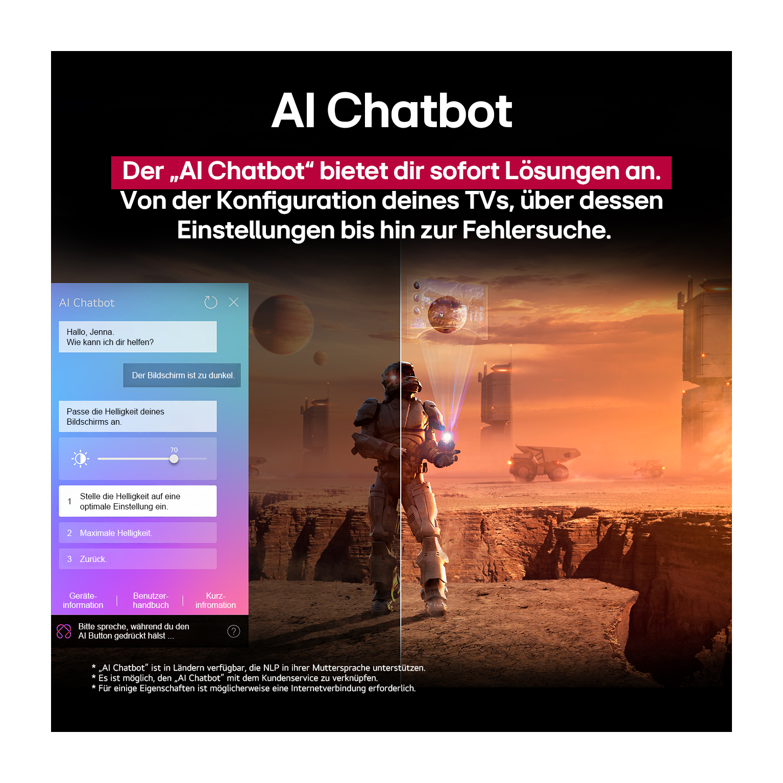 Eine KI-Chatbot-Oberfläche mit einer futuristischen Sci-Fi-Szene im Hintergrund. Ein Soldat steht auf einer Klippe.