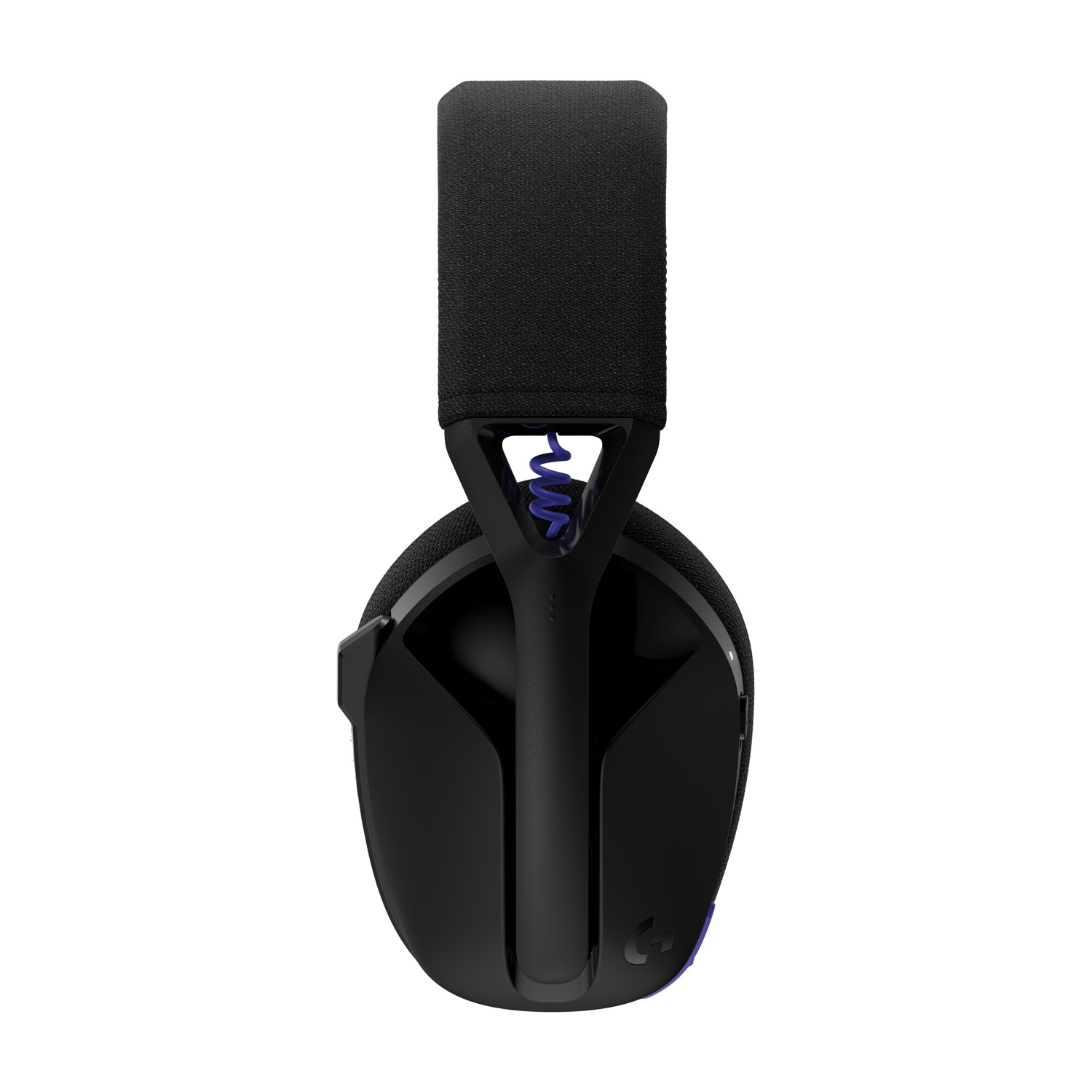 Cuffie da gioco nere su sfondo bianco. Hanno una fascia nera, padiglioni auricolari e un cavo blu.