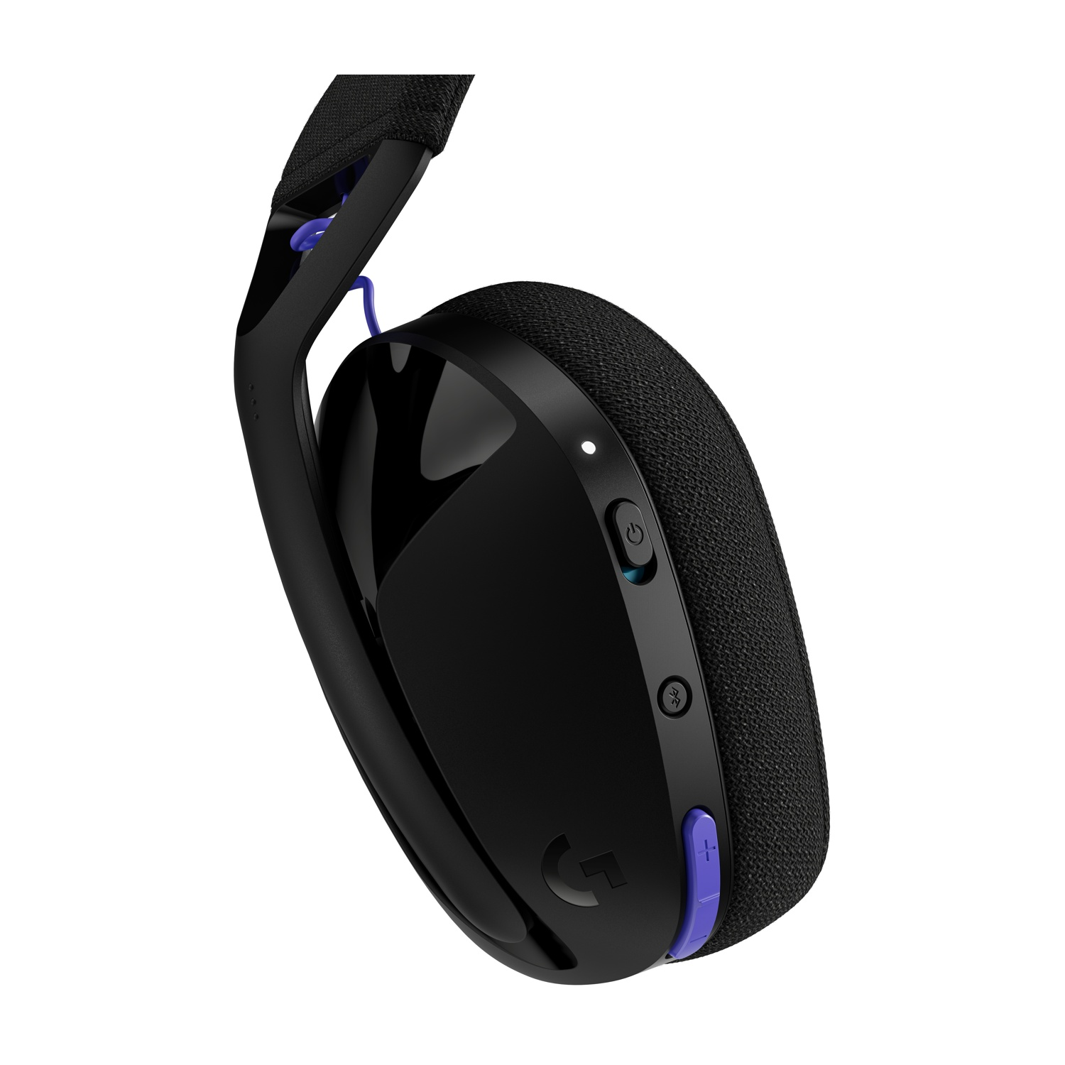 Cuffie da gioco nere con dettagli blu. Pulsante di accensione, controllo del volume e logo 'G' Logitech.