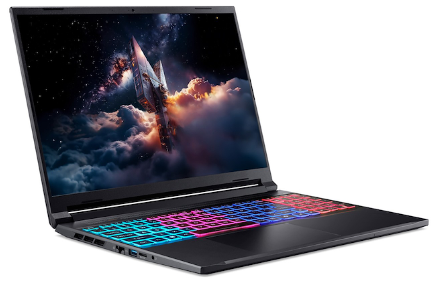 Una laptop negra muestra una escena espacial con una nave. El teclado tiene luces de colores. La laptop está abierta.
