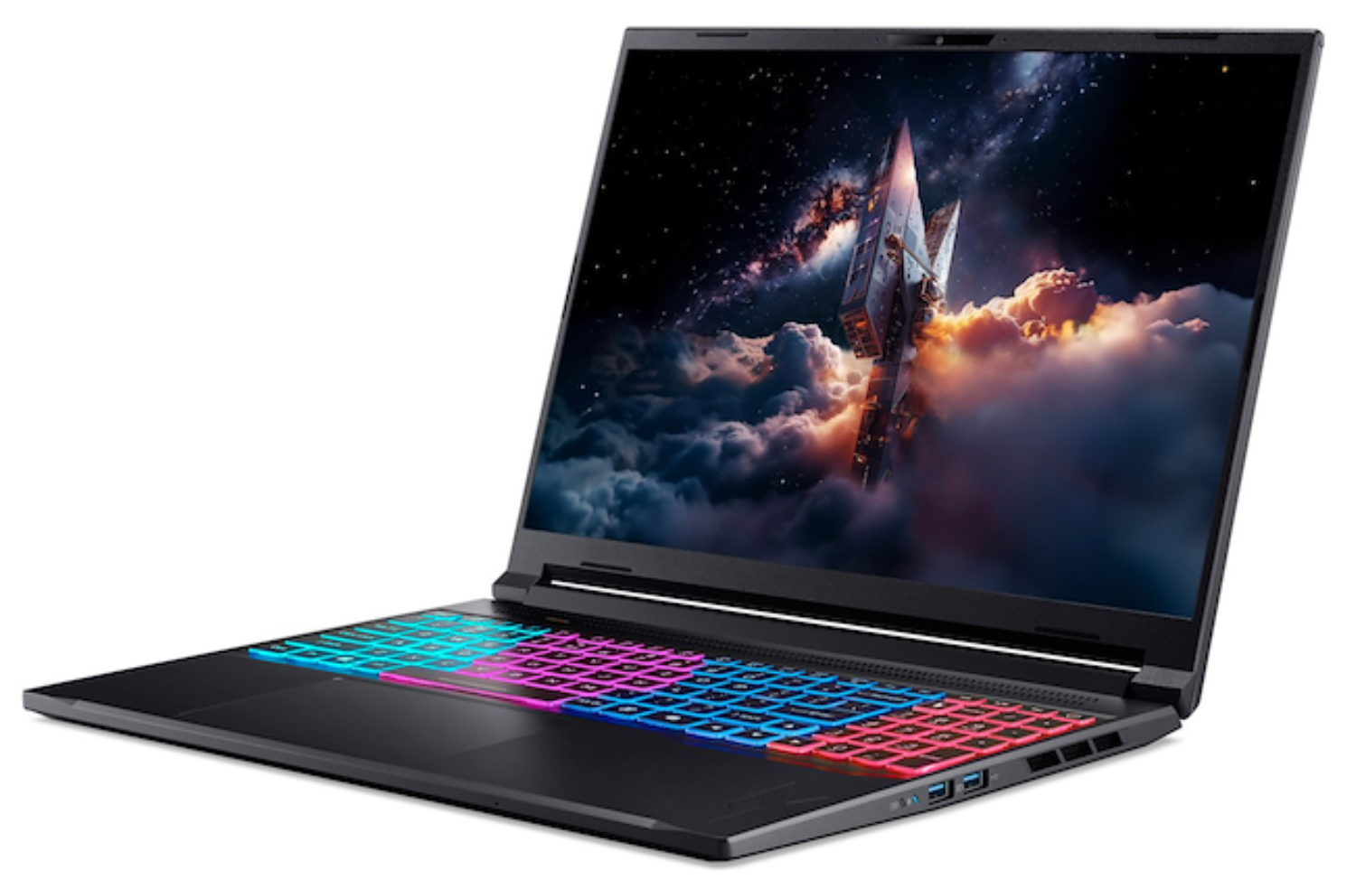 Portátil negro con retroiluminación de teclado colorida. Pantalla muestra nave espacial en el espacio.