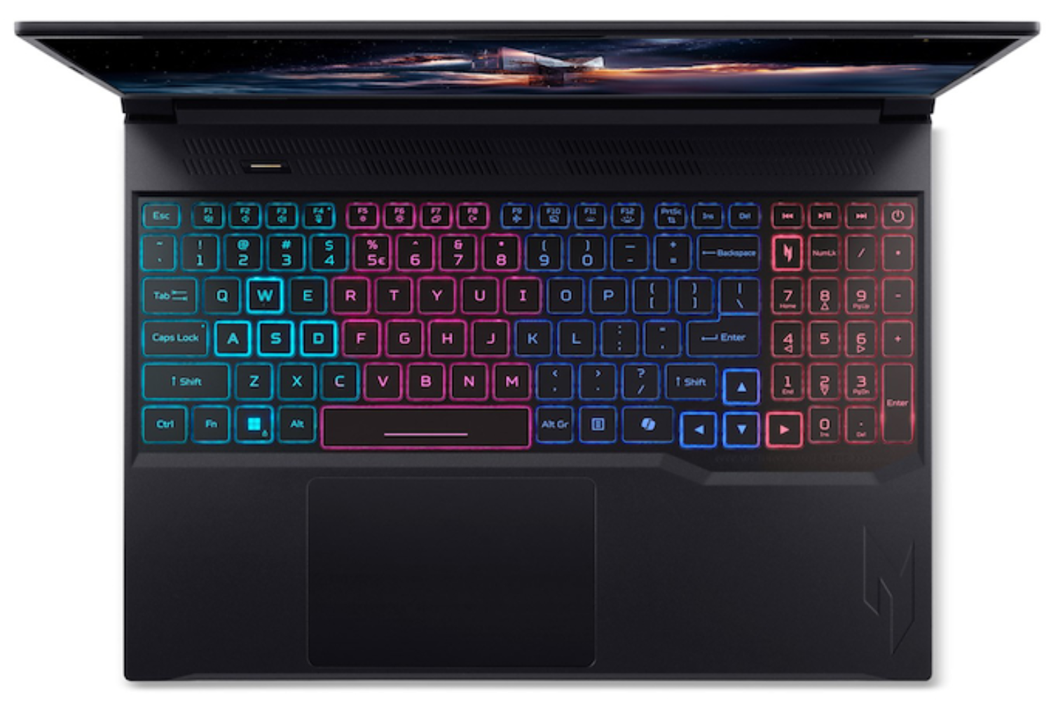 Portátil con teclado iluminado. Las teclas son azules, rosas y rojas. La pantalla muestra una escena con un avión.