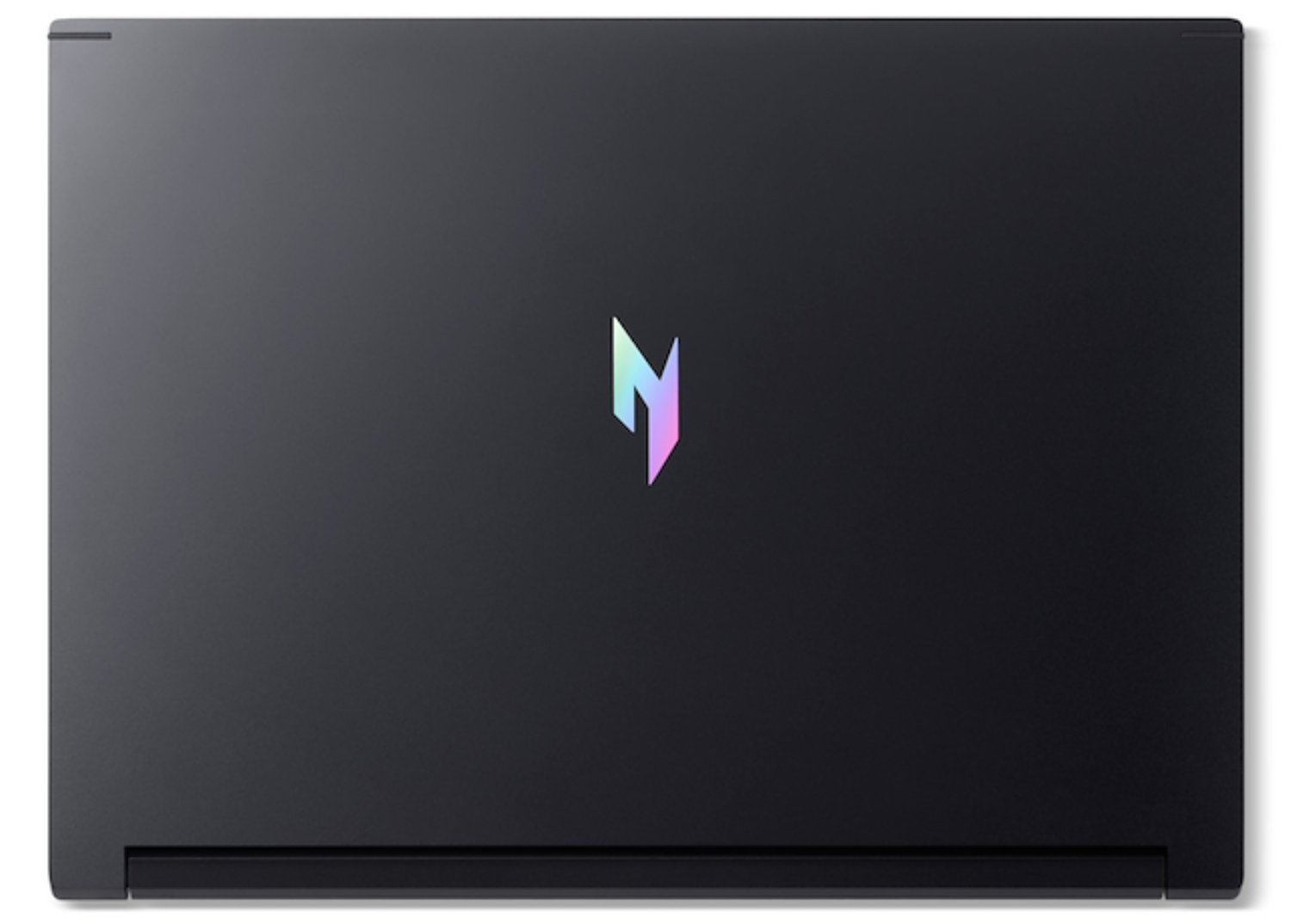 Un portátil negro con un logotipo colorido en el centro. El portátil está cerrado. El logotipo es una 'N' estilizada.