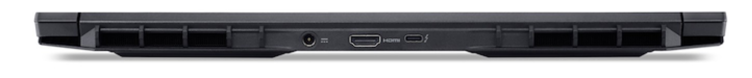 Vista inferior de un portátil negro. Tiene ventilaciones, puerto de alimentación, HDMI y puertos USB-C.