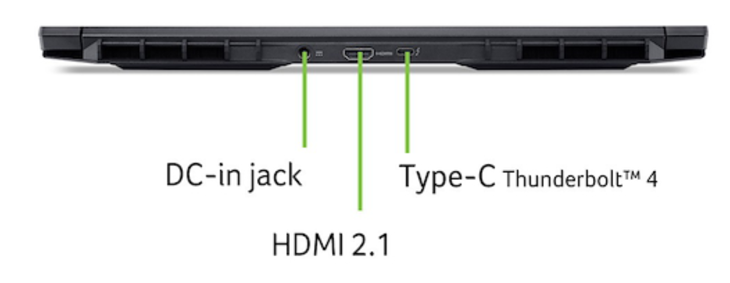 Vista inferior de un portátil negro. Tiene un conector de entrada de CC, un puerto HDMI 2.1 y un puerto Type-C Thunderbolt 4.