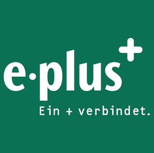 Logo von e-plus mit dem Slogan "Ein + verbindet."