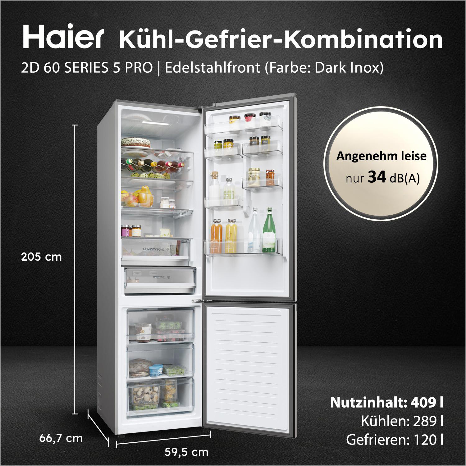 Haier Kühl-Gefrierkombi. Offene Türen zeigen Regale mit Lebensmitteln. Abmessungen und Spezifikationen werden angezeigt.