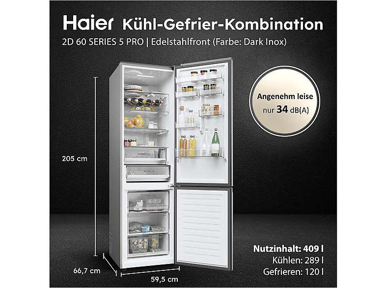 HAIER HDPW5620BNPD 2D 60 SERIE 5 Pro Kühlgefrierkombination (B, 409 l, 2050 mm hoch, Dark inox)