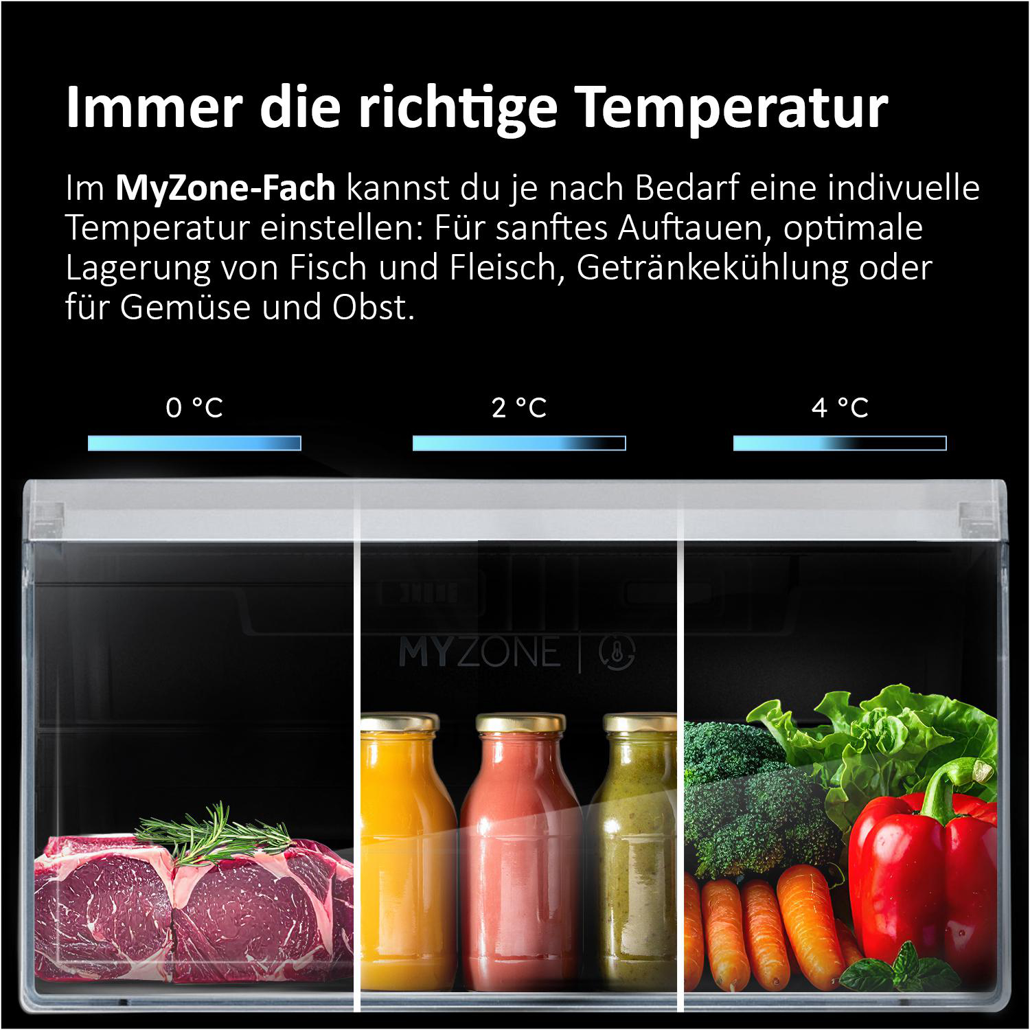 Kühlschrank mit 0°C Fleisch, 2°C Säften und 4°C Gemüse. Text: 'Immer die richtige Temperatur'.