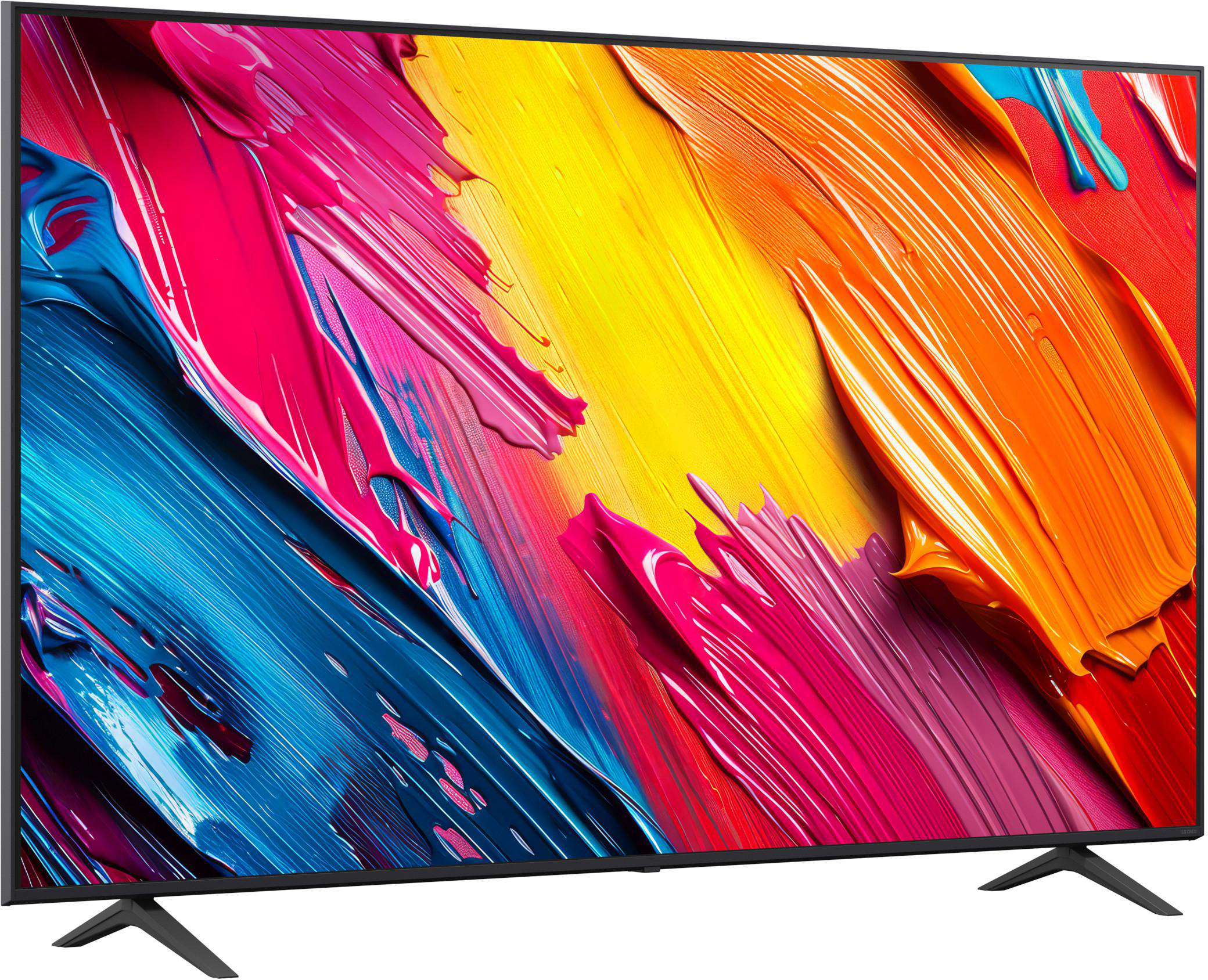 TV-Bildschirm mit farbenfroher abstrakter Kunst, mit blauen, rosa, gelben und orangenen Pinselstrichen.