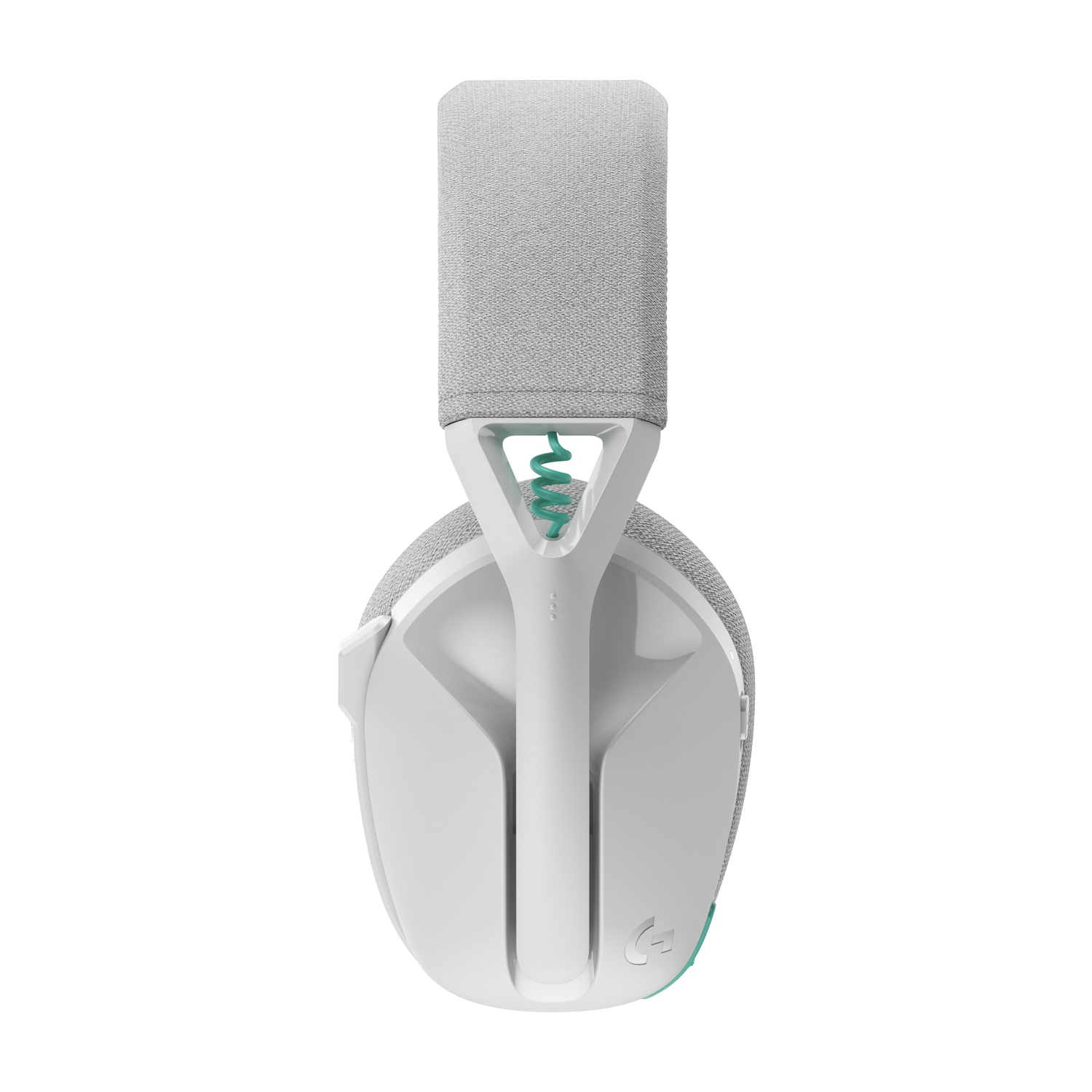 Cuffie da gaming bianche e grigie. L'archetto è in tessuto grigio, supportato da una struttura bianca. I padiglioni sono grigi con dettagli bianchi.