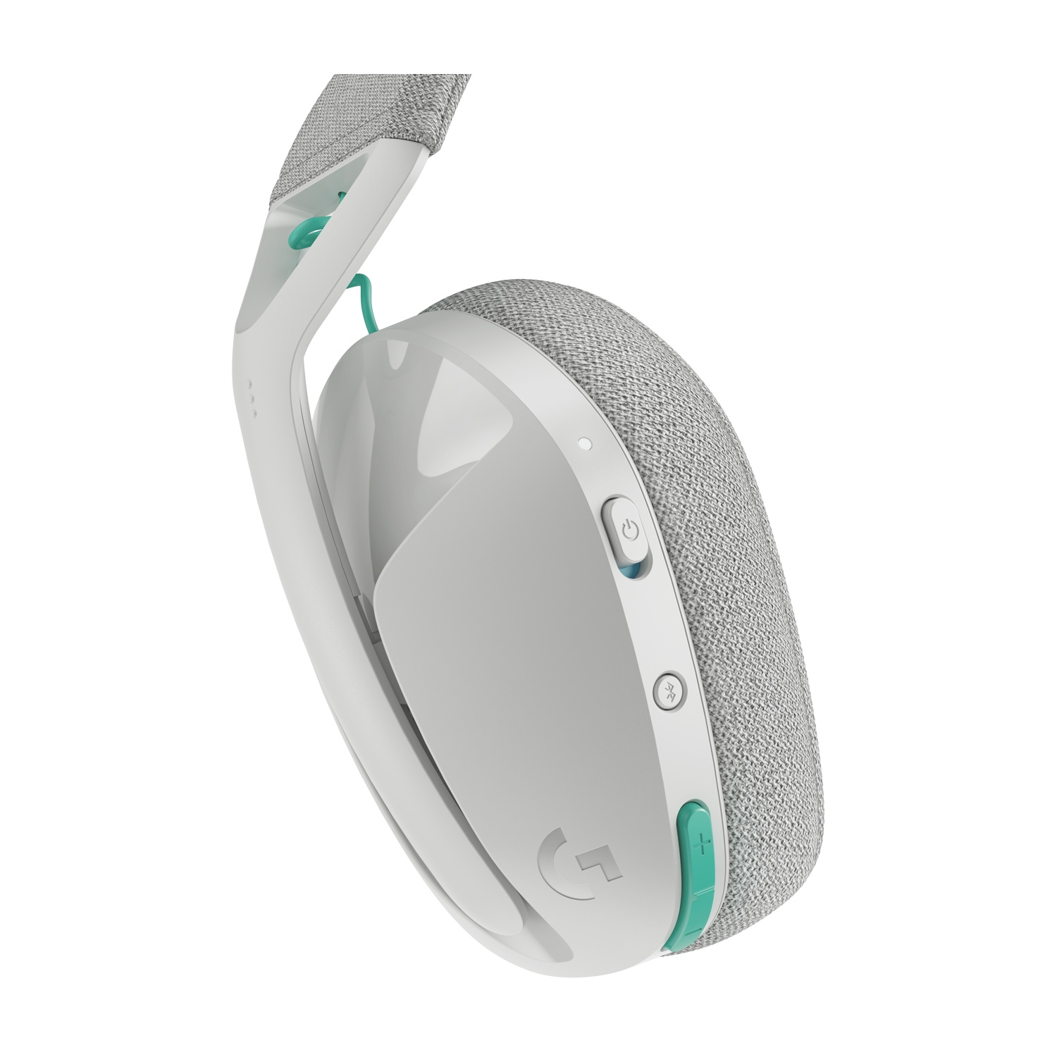 Cuffie bianche e grigie. Il padiglione auricolare ha una copertura in tessuto grigio e il lato ha un pulsante di accensione, un pulsante Bluetooth e il controllo del volume.