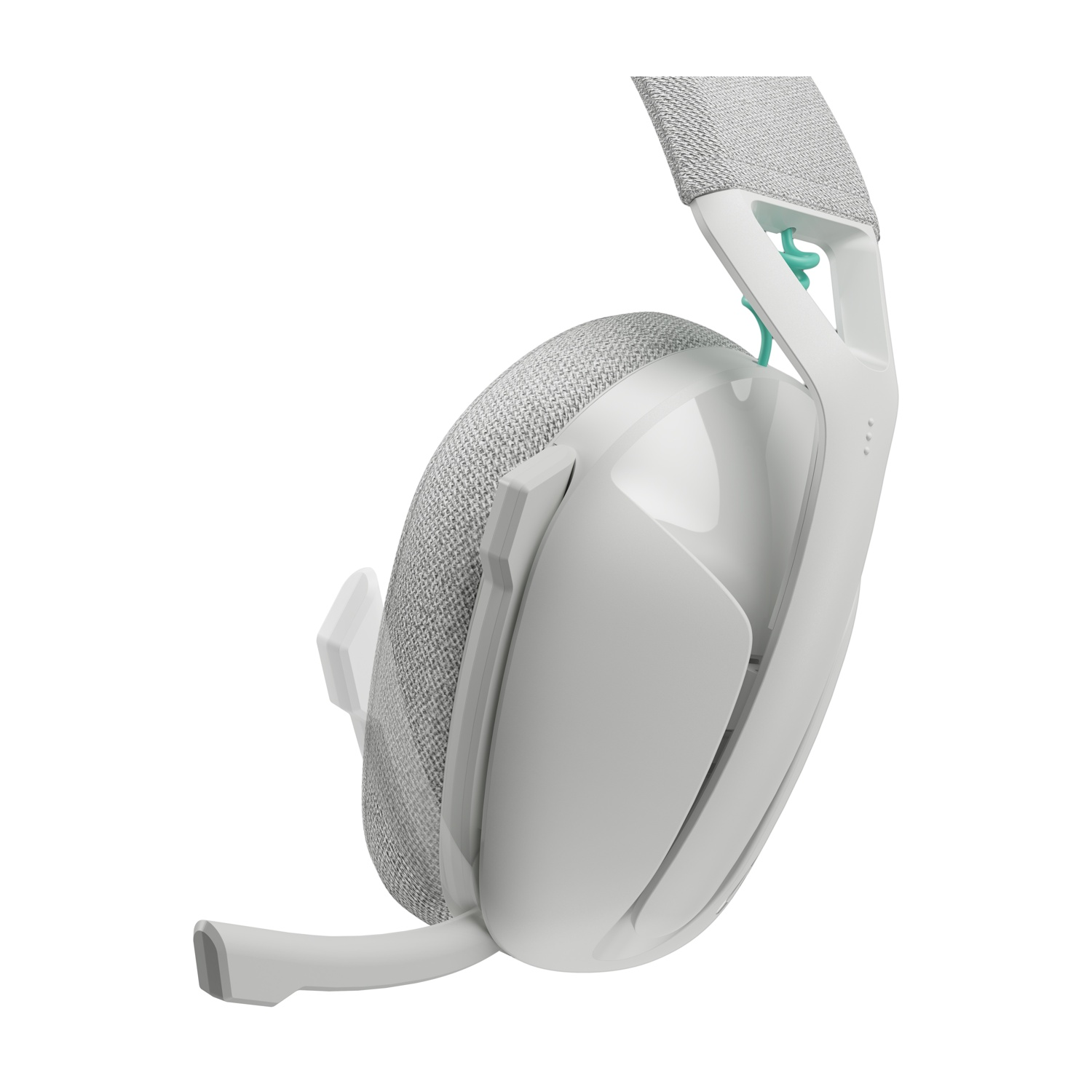 Cuffie bianche e grigie con microfono. Il padiglione auricolare è in tessuto grigio. La fascia è bianca con dettagli turchese.