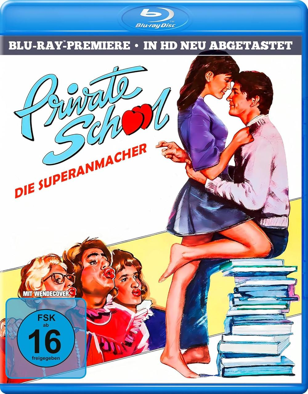 Blu-ray-Cover: Umarmendes Paar, Titel 'Private School'. Personengruppe in der Ecke. Altersfreigabe 16. Blu-ray-Label oben.