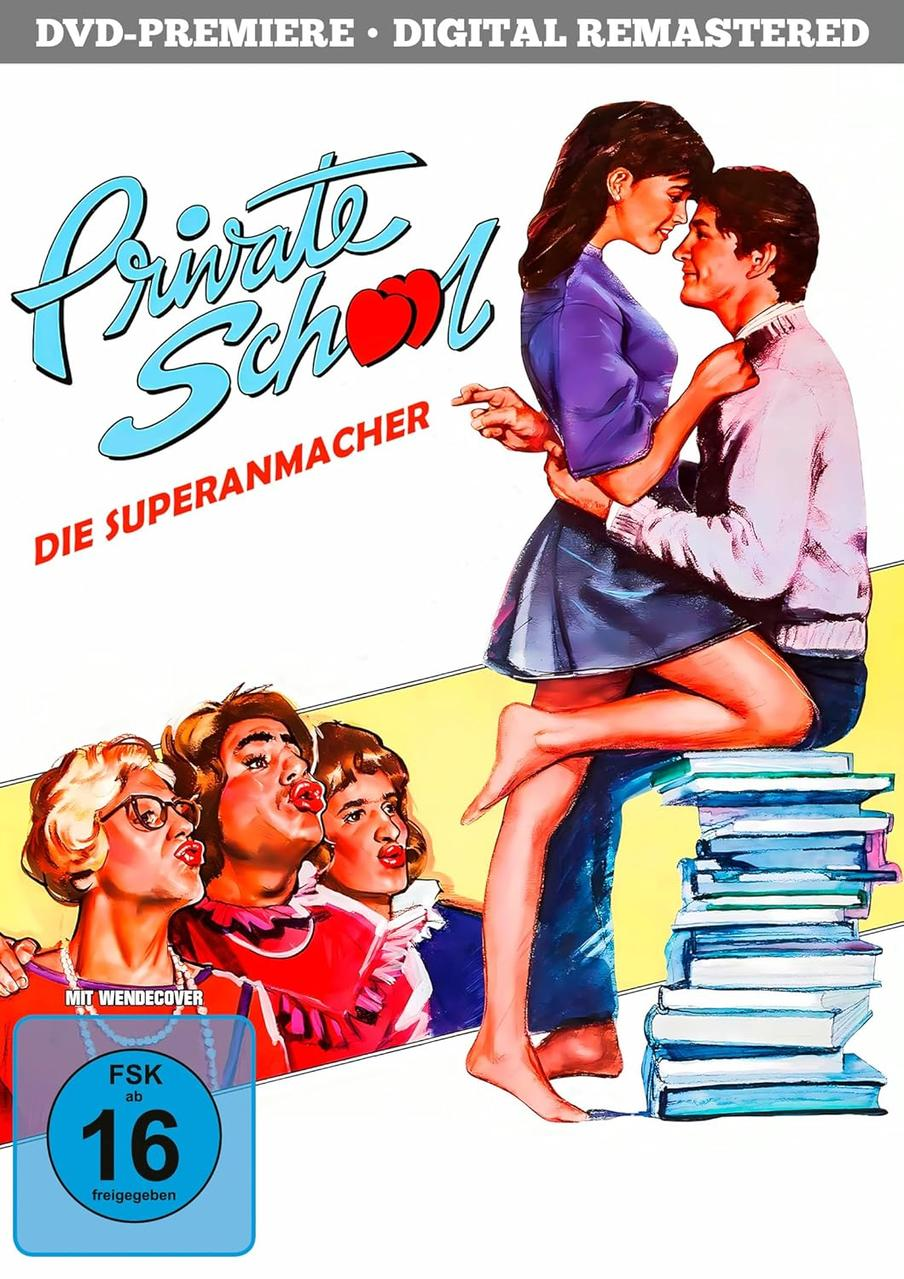 DVD-Cover. Ein Paar umarmt sich auf Büchern. Unten küssen sich drei Personen. Text: 'Private School' und 'Die Superanmacher'.