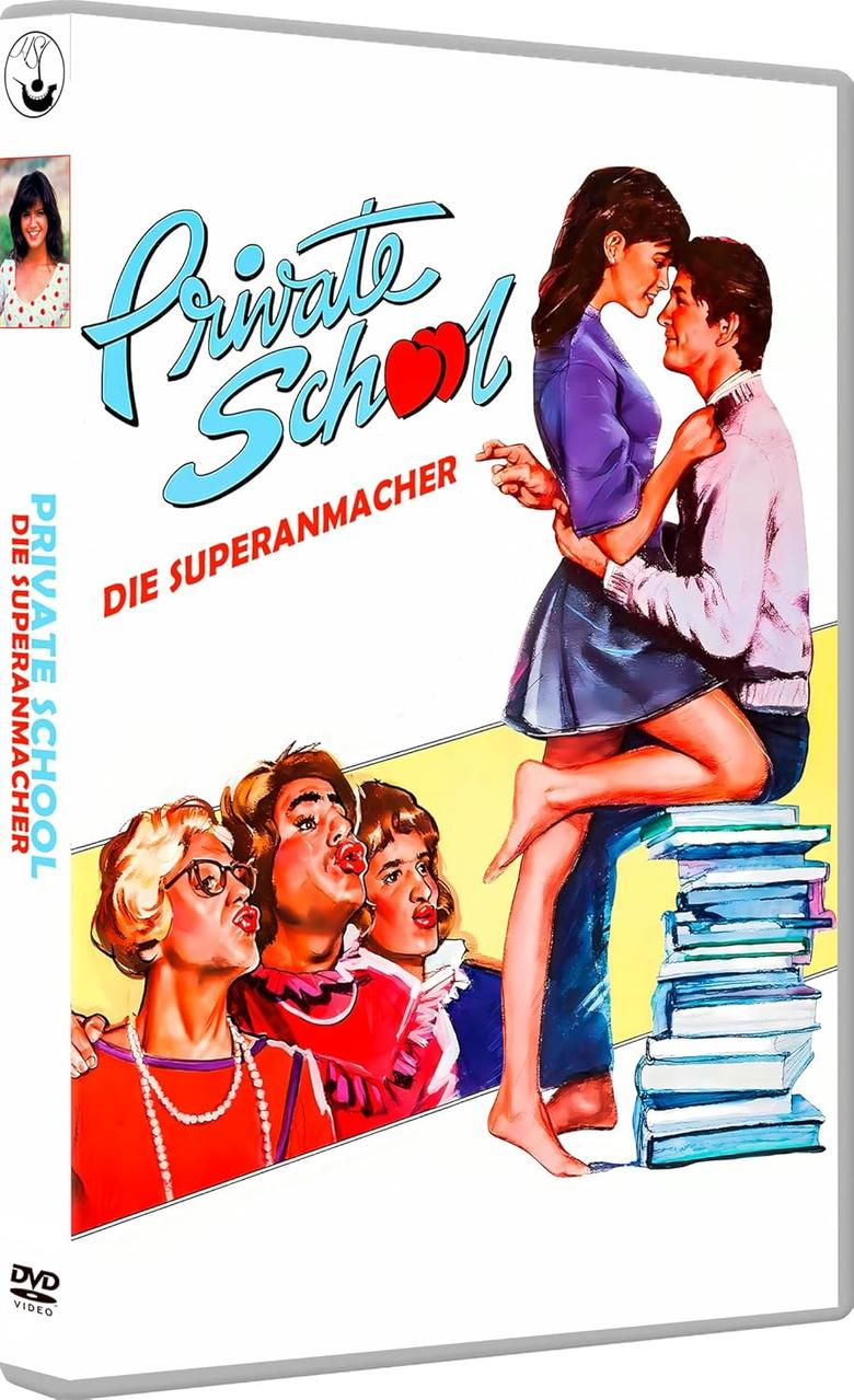 DVD-Cover: Umarmendes Paar, Titel 'Private School'. Gruppe von Leuten, die Küsschen geben. Frau im Inset.