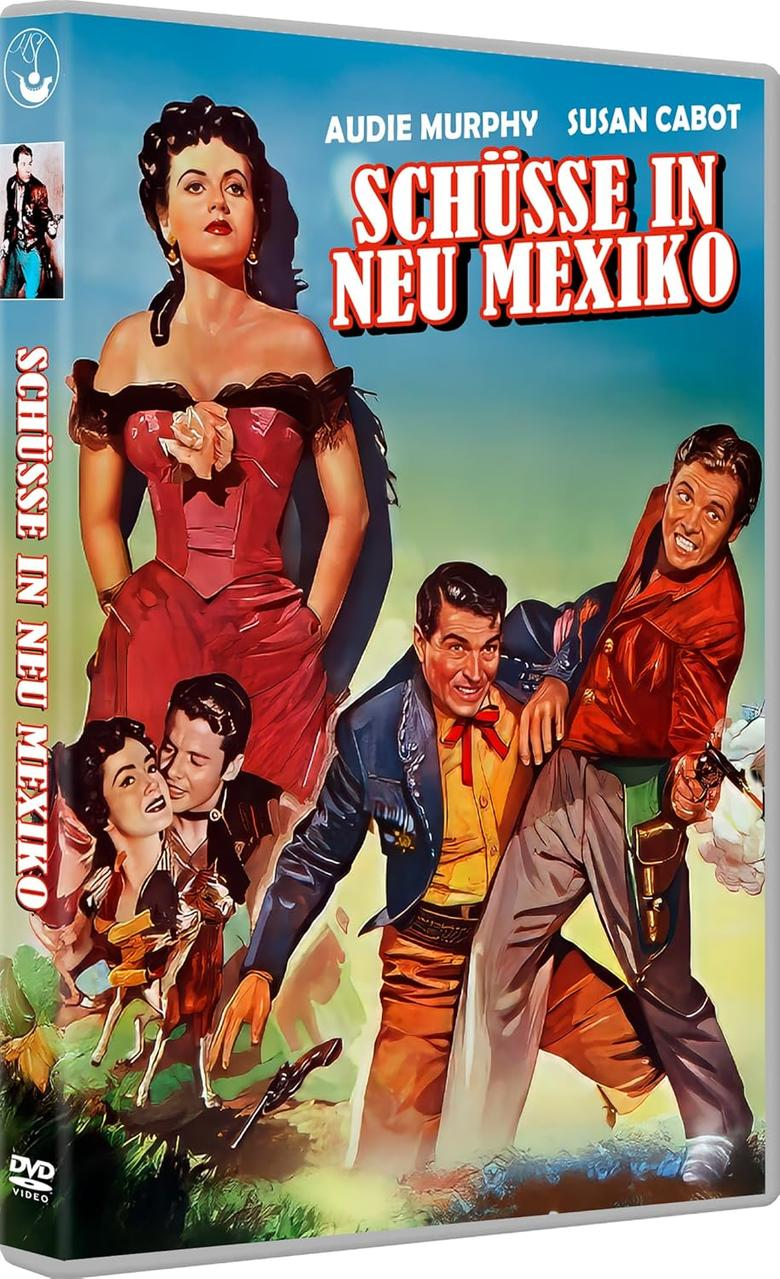 Filmposter mit Schauspielern, Titel "Schüsse in Neu Mexiko". Eine Frau in einem roten Kleid und Männer in Cowboy-Kleidung.