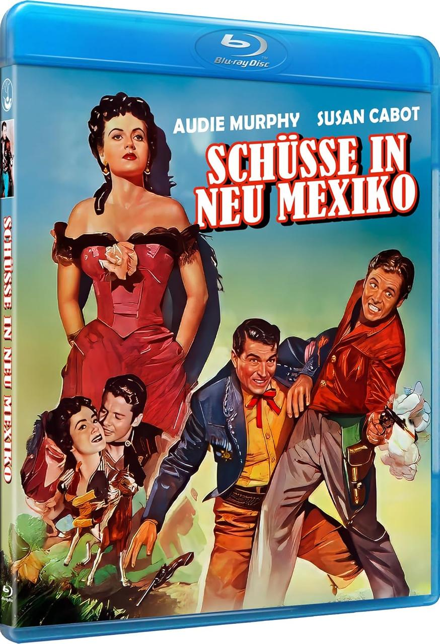 Blu-ray-Cover: Western-Filmplakat. Frau in rotem Kleid, Männer mit Waffen, Titel 'Schüsse in Neu Mexiko'.