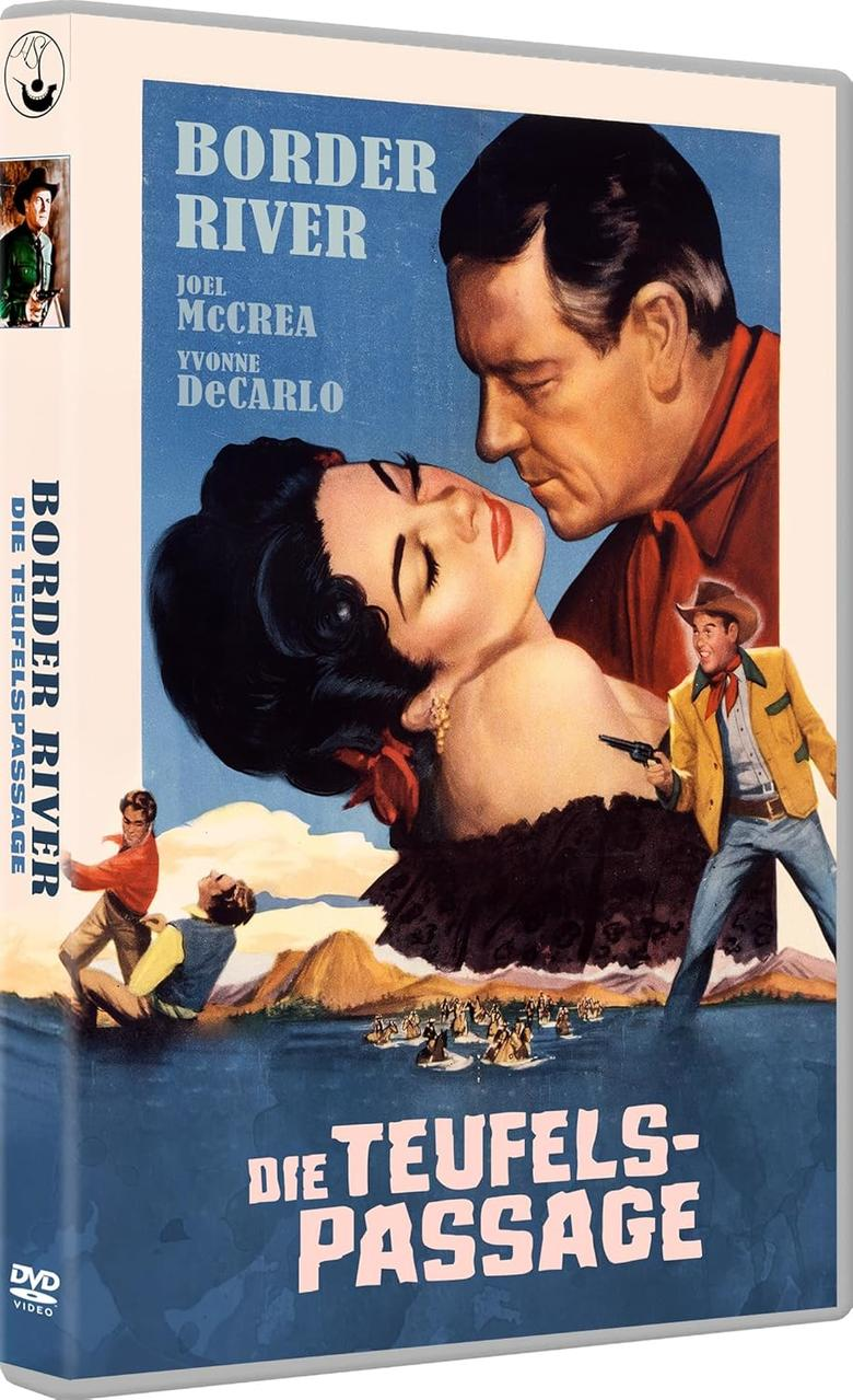 DVD-Cover. Mann und Frau umarmen sich, ein anderer Mann zielt mit einer Waffe. Text: Border River, Die Teufels-Passage.