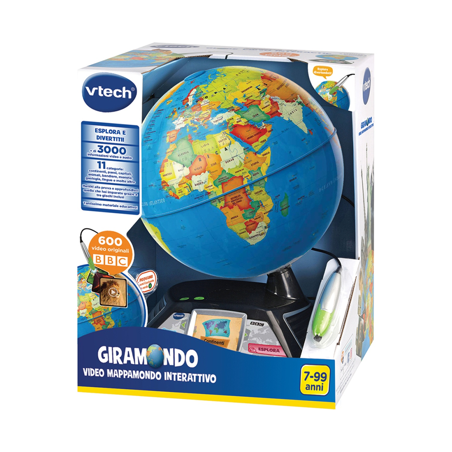 Un mappamondo Vtech Giramondo in una scatola. Ha un mappamondo, una penna e la scatola ha testo e immagini.