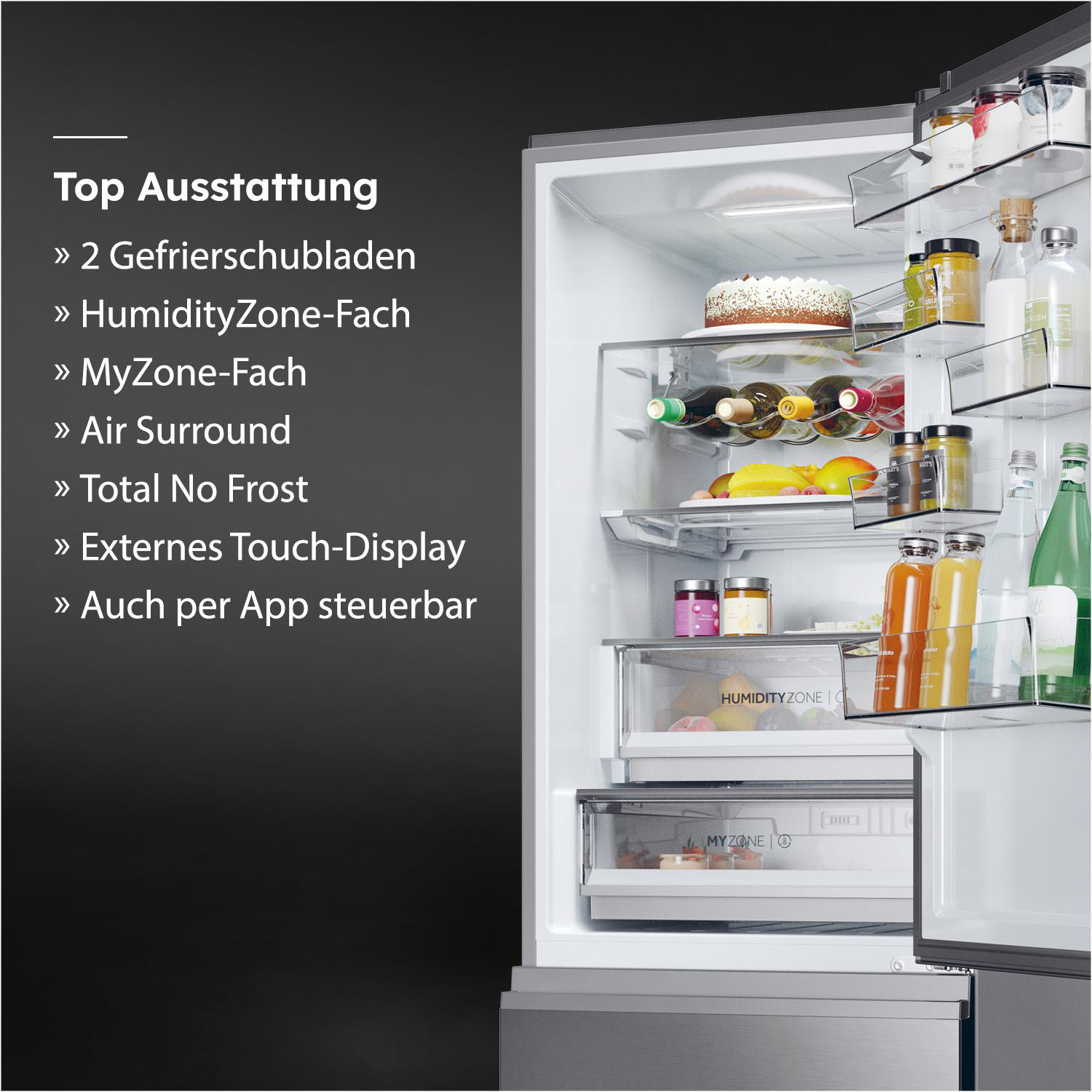 Offener Kühlschrank mit Lebensmitteln. Enthält Kuchen, Flaschen, Gläser und Schubladen mit der Aufschrift HumidityZone und MyZone.