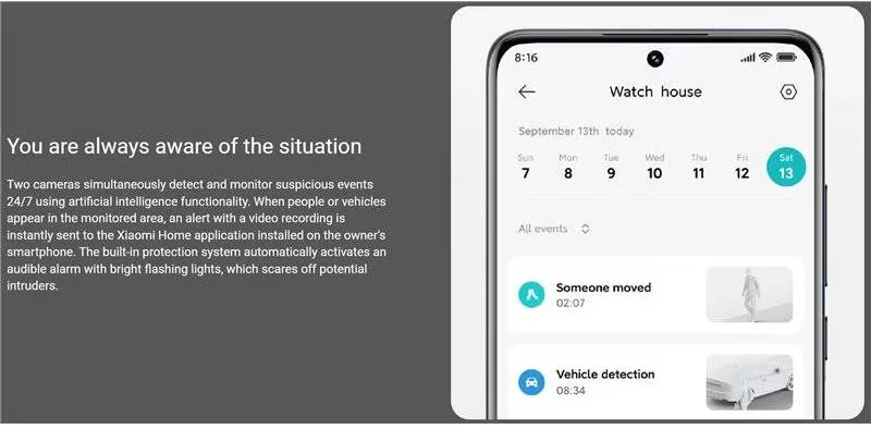 Ein Smartphone-Bildschirm zeigt eine Sicherheits-App-Oberfläche. Es zeigt Ereignisprotokolle und einen Kalender. Der Hintergrund ist dunkelgrau.