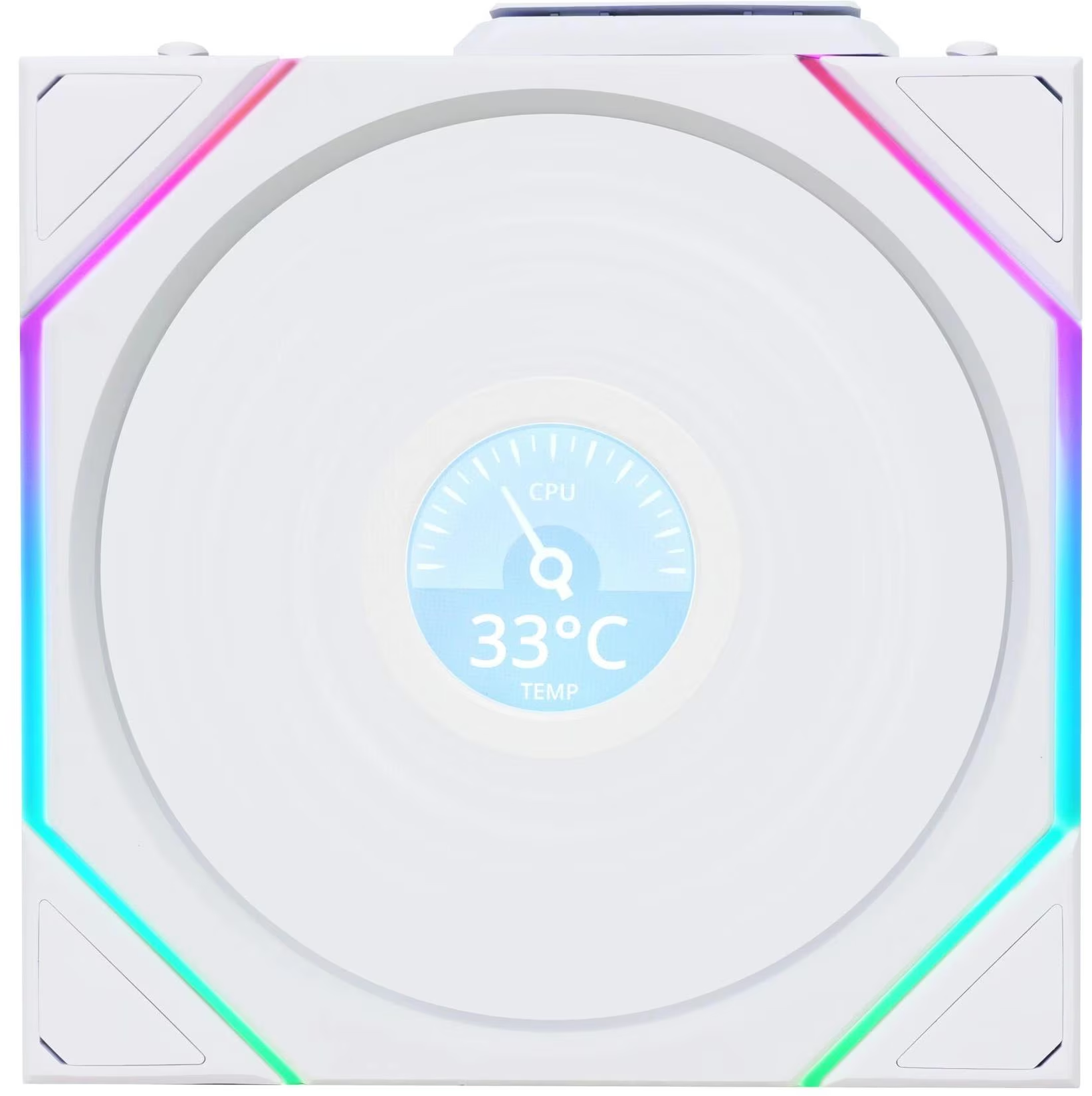 Weißer CPU-Kühler mit Temperaturanzeige 33°C. Er hat RGB-Beleuchtung an den Kanten.