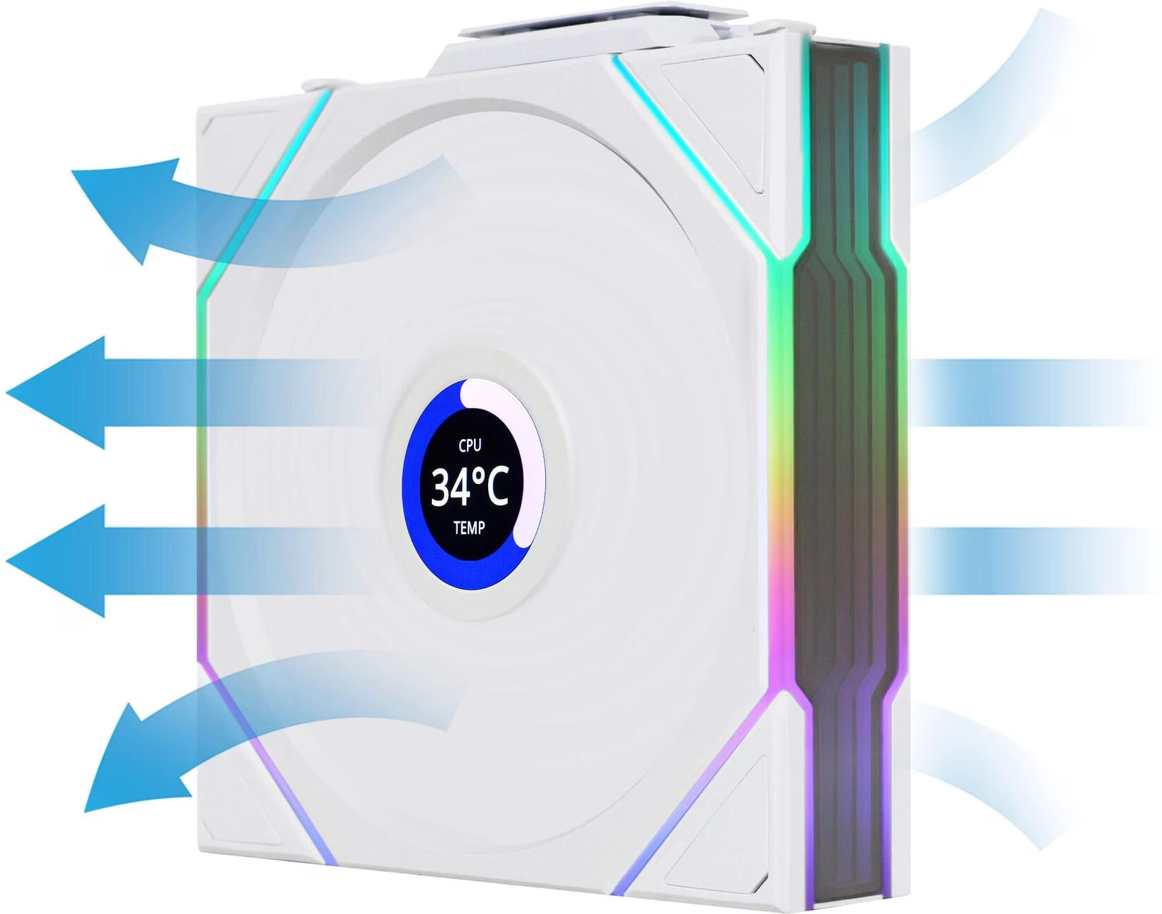 Weißer CPU-Kühler mit Temperaturanzeige, blaue Pfeile zeigen den Luftstrom an. Der Kühler hat RGB-Beleuchtung.