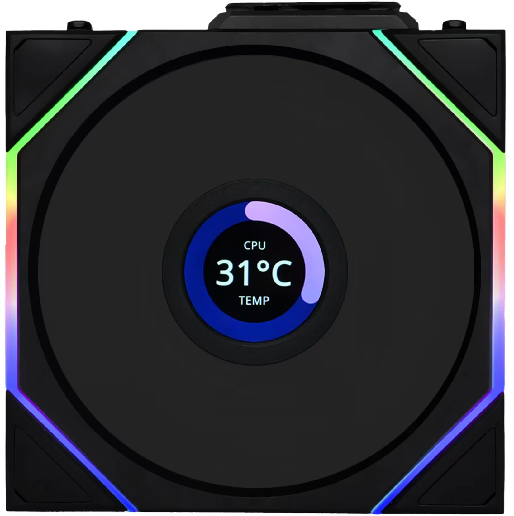 Dissipatore CPU nero con ventola rotonda. Mostra la temperatura della CPU: 31°C. Bordi con luci LED colorate.