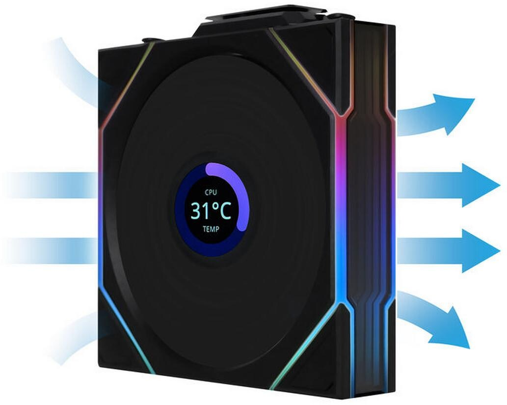 Dissipatore CPU nero con frecce blu che indicano il flusso d'aria. Mostra una temperatura di 31°C. Luci RGB sui bordi.